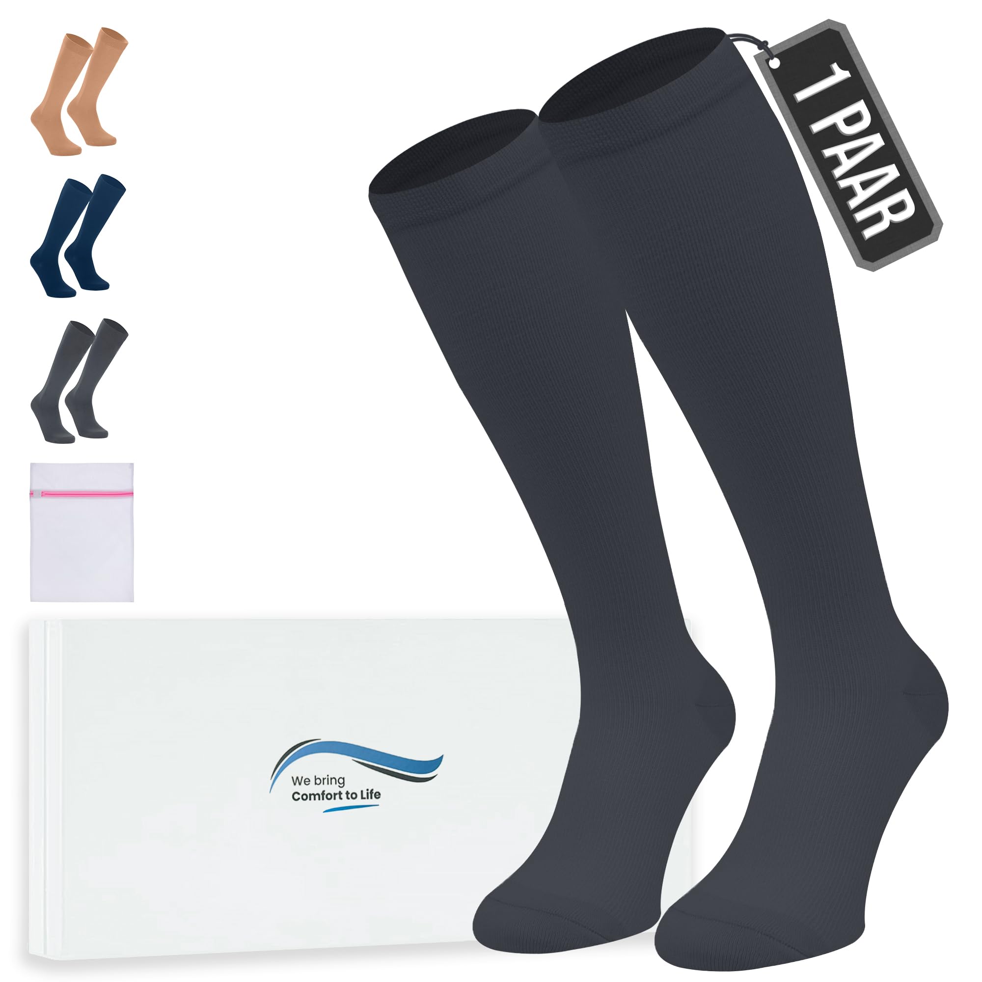 360 Relief Kompressionsstrümpfe Damen und Herren - 1 Paar Stützstrümpfe für Sport, Laufen, Flug, Reise, Joggen, Radsport - Thrombosestrümpfe XXL Schwarz mit Wäschenetz