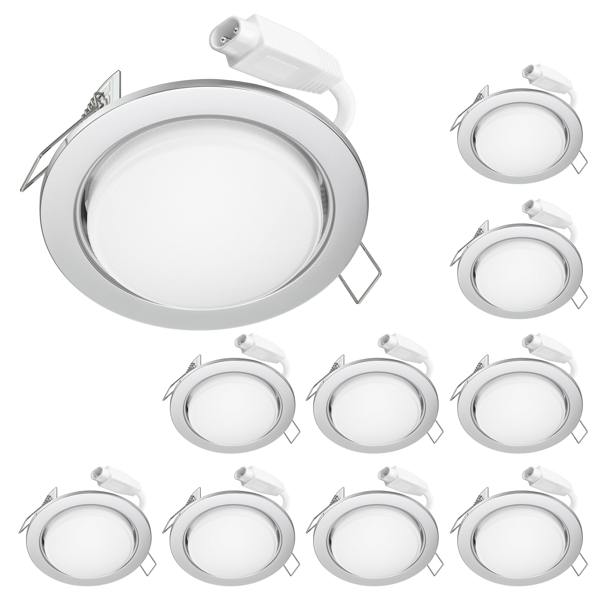ledscom.de LED Decken-Einbaustrahler RUBA chrom matt GX562W je 509lm warmweiß rund flach 107mm Ø Lochkreis ca. 83-100mm Ø 10er Set