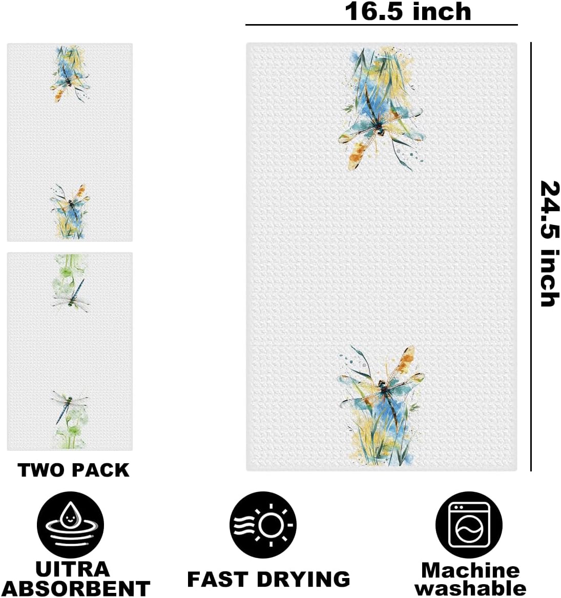 2Pcs Dragonfly Kitchen Towels 24x14 Inch, Watercolor Style Waffle Hand Towels for Kitchen Home Farmhouse Decor, Absorbent Microfiber Dish Cloth Tea Towel, Dragonfly Gifts for Women Mom Grandma - Image 2