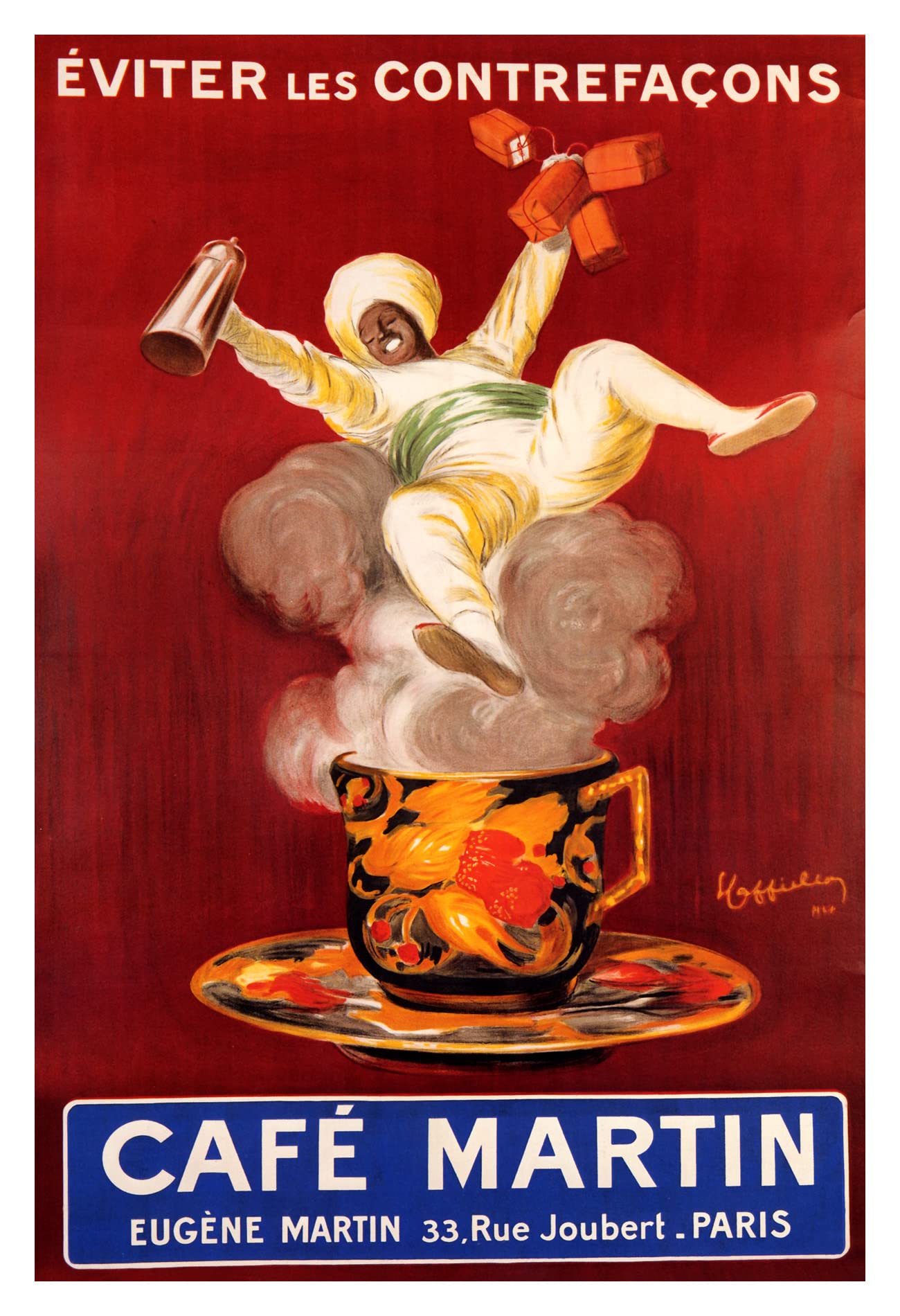 Cafe Martin Paris Avoid Counterfeits Arab on Hot Cup of Coffee Smoke French By Cappiello 20" X 30" Image Size Vintage Poster Repro on Matte Paper