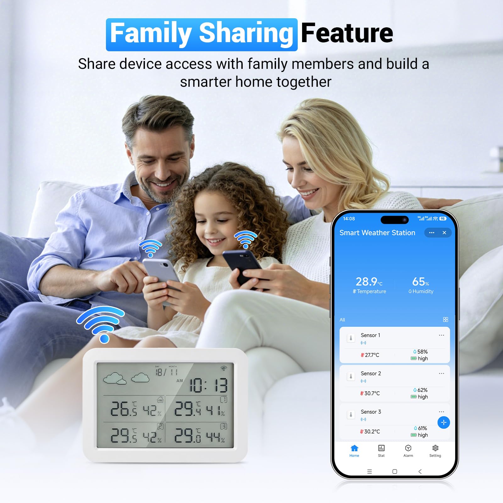 Station météo Wi-Fi avec capteur extérieur, station météo avec 3 capteurs extérieurs, thermomètre intérieur et extérieur LCD, thermomètre de température et d'humidité, application Tuya/Smart Life