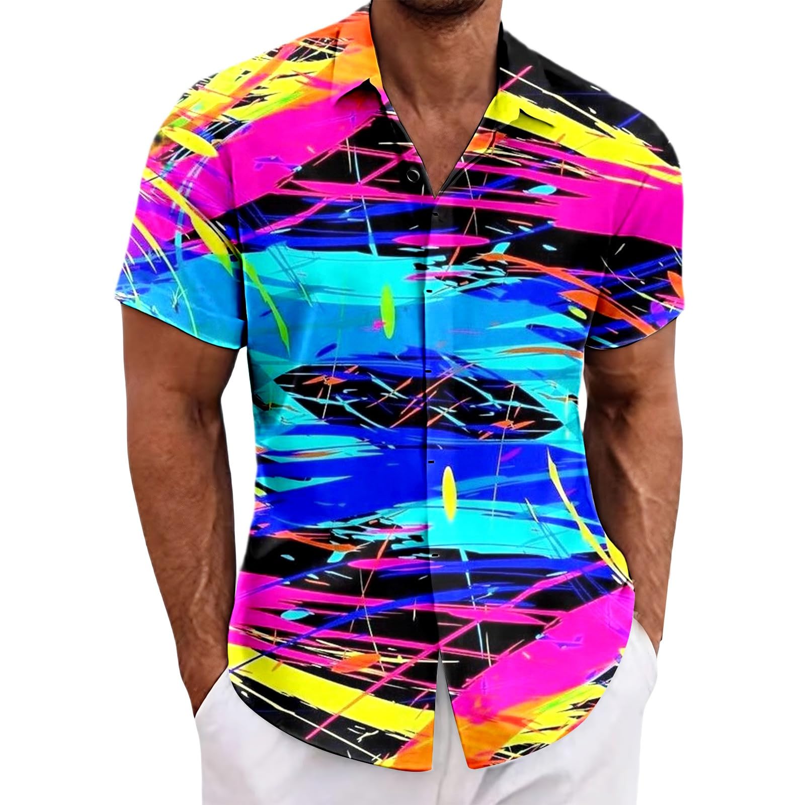 RUMAOZIA Men's Hawaiian Shirt 80s 90s Style Short Sleeve Carnival Fancy Dress Outfit 80s Shirts 90s Button Up Shirt Retro Hawaiian Beach Shirt Neon Disco Funny Party Shirts Colourful Vintage Shirts โ image 1