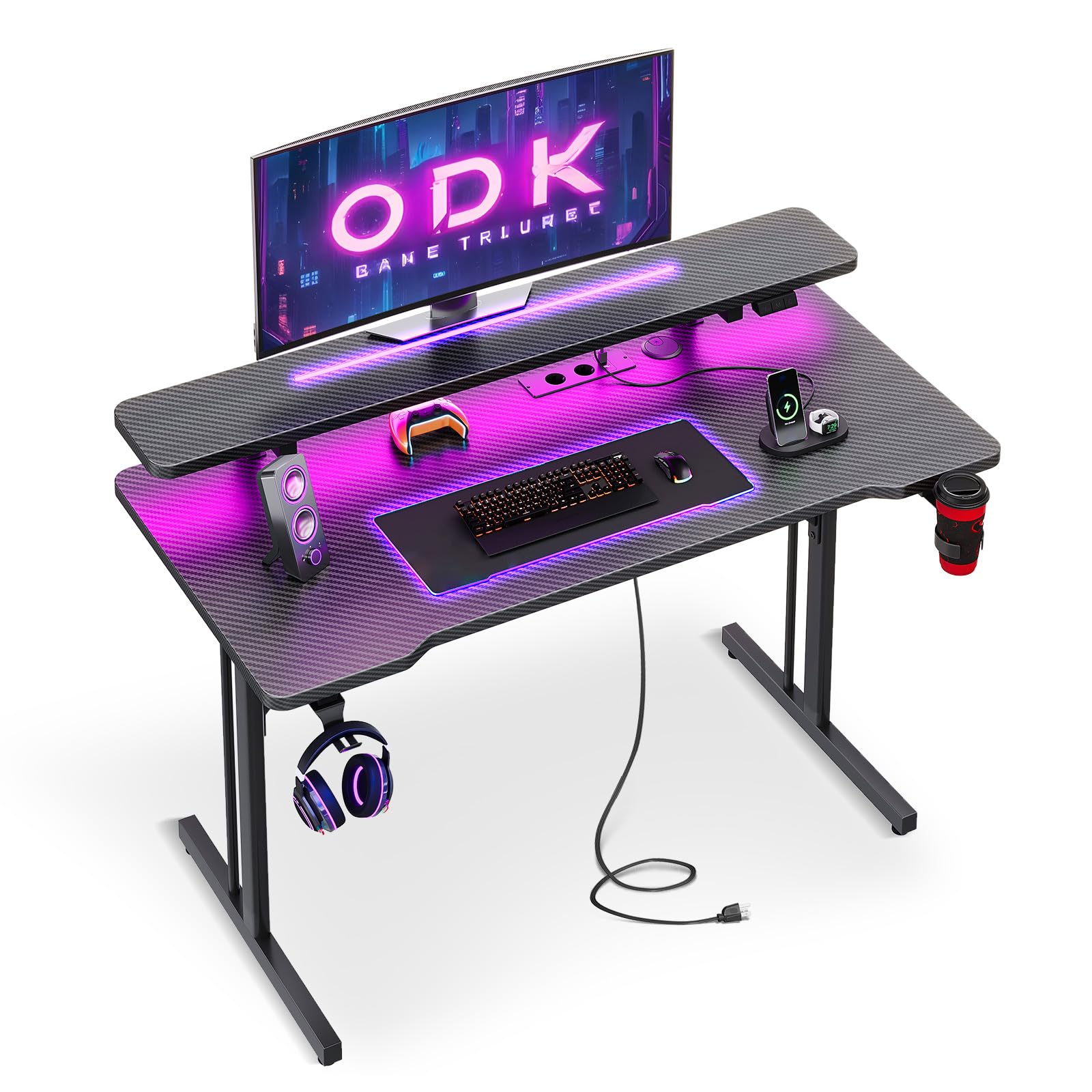 ODK Mesa Gaming con Luces LED, Escritorio Gaming con Tomas de Corriente, Mesa Gamer con Estante para Monitor, Mesa Escritorio Ordenador Fibra de Carbono Negro 100 cm