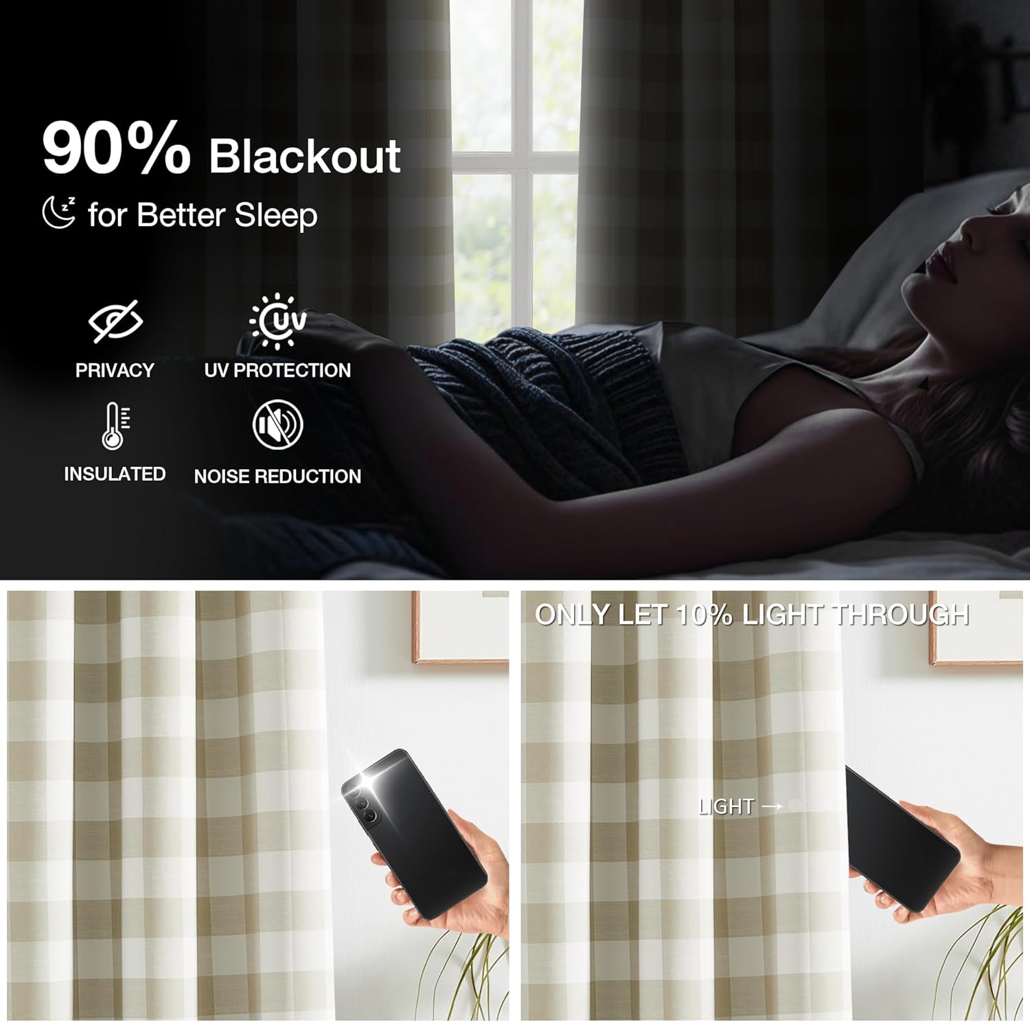 Buffalo Checkered 90% Blackout Curtains for Bedroom Living Room Plaid Gingham Thermal Grommet Top Drapes,Farmhouse Country Style Energy Efficient Room Darkening 2 Panels 52x63 Inch,Beige/White