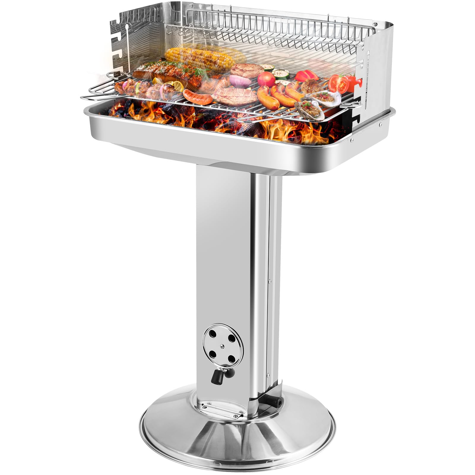 TLGREEN 57*38*90 cm Barbecue à charbon de bois en acier inoxydable, Outdoor | Hauteur réglable en 5 directions, Barbecue à colonne avec grille de chromée, Cendrier et ventilation,BBQ,Plage,Jardin,Camping