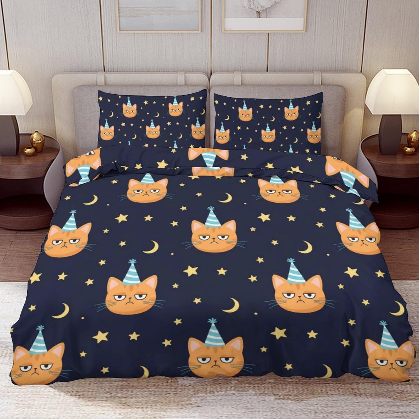 Delerain Comforter Cover Set Queen Size, Cartoon Cat Moon Star 3-Piece Bedding Set for Women Men Modern Soft Microfiber Bedroom Set Room Decor, 1 Duvet Cover + 2 Pillowcases