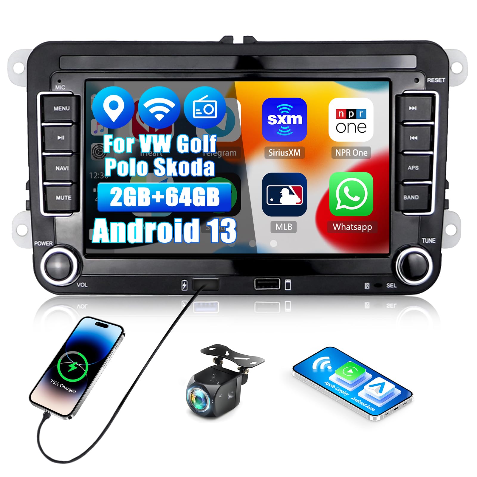 2G+64G CAMECHO Android 13 Autoradio mit Carplay für VW Golf 5 Golf 6 Skoda,Autoradio mit 7 Zoll Bildschirm/Navi/Wireless Android Auto/HiFi/FM RDS/Bluetooth und USB+Rückfahrkamera