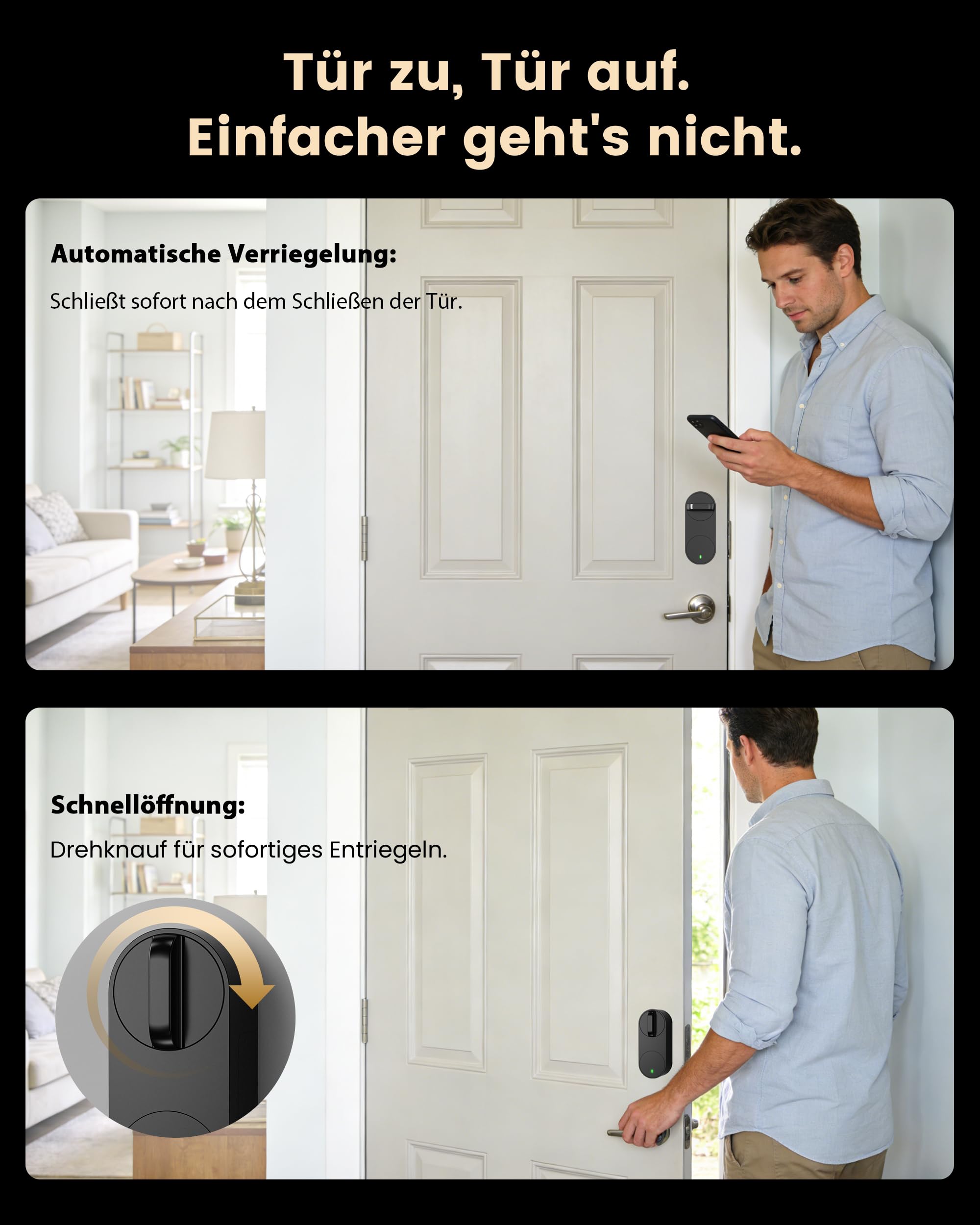 Signstek Smart Lock, Smartes Türschloss Fingerabdruck & Bluetooth – Nachrüstbarer Elektronischer Schloss Türöffner per App, Code, Smartphone, ohne Austausch des Schließzylinders (Schwarz)