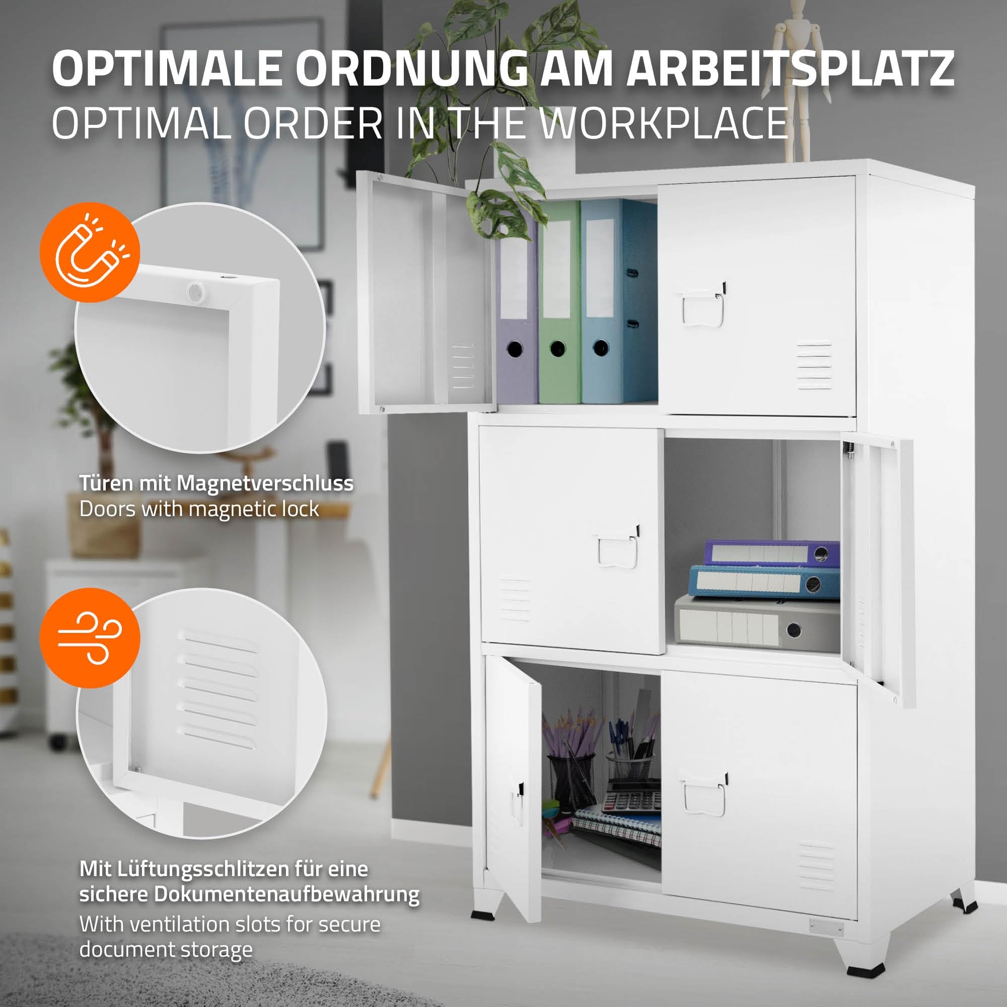 ML-Design Archivador de Oficina 75x40x120,5 cm Acero Blanco Armario Independiente con 4 Patas Mesita Auxiliar Metálica con 6 Puertas y 3 Compartimentos Mueble para Almacenamiento Archivo de Documentos