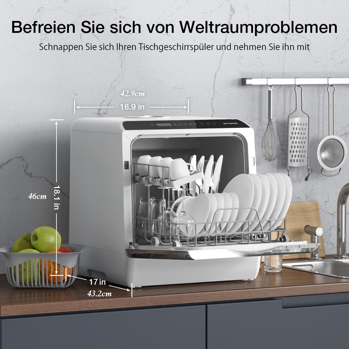 BLITZHOME Mini Spülmaschine, 6 Programme Tragbarer Tischgeschirrspüler mit 5L Wassertank, App Steuerung, Trockenfunktion