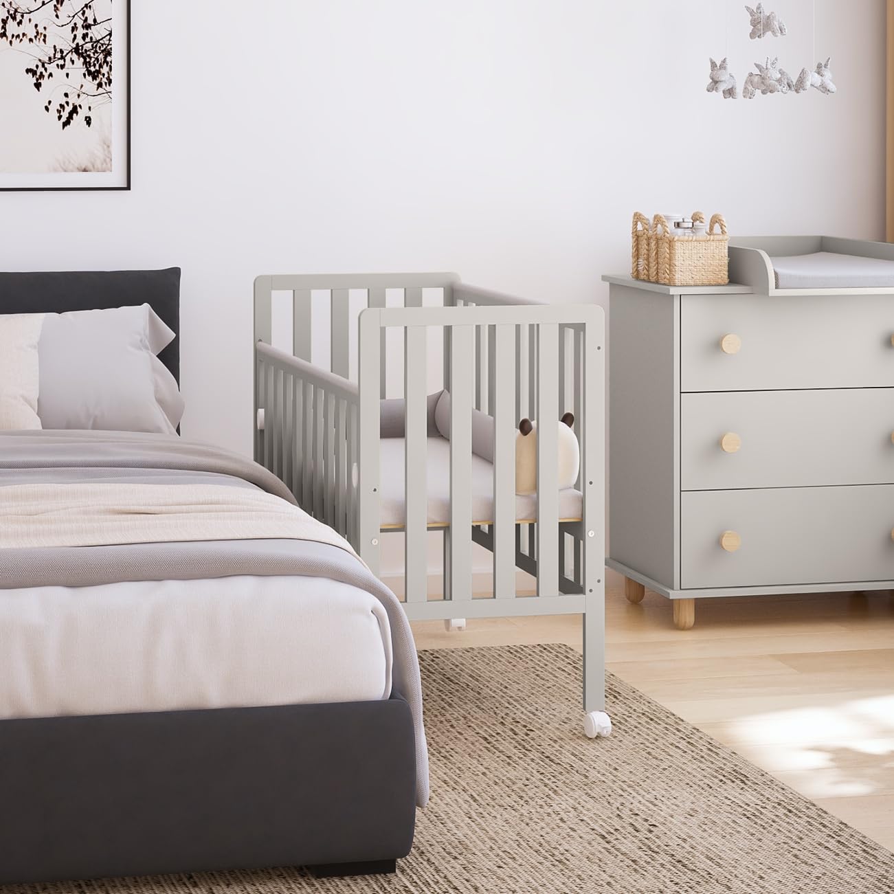 zee BAMBI Lettino Co-Sleeping 100x50 cm Cashmere con Ruote Lettino Neonato Portatile Culla Regolabile 3 Livelli Letto per Bambino Stile Scandinavo Minimalista