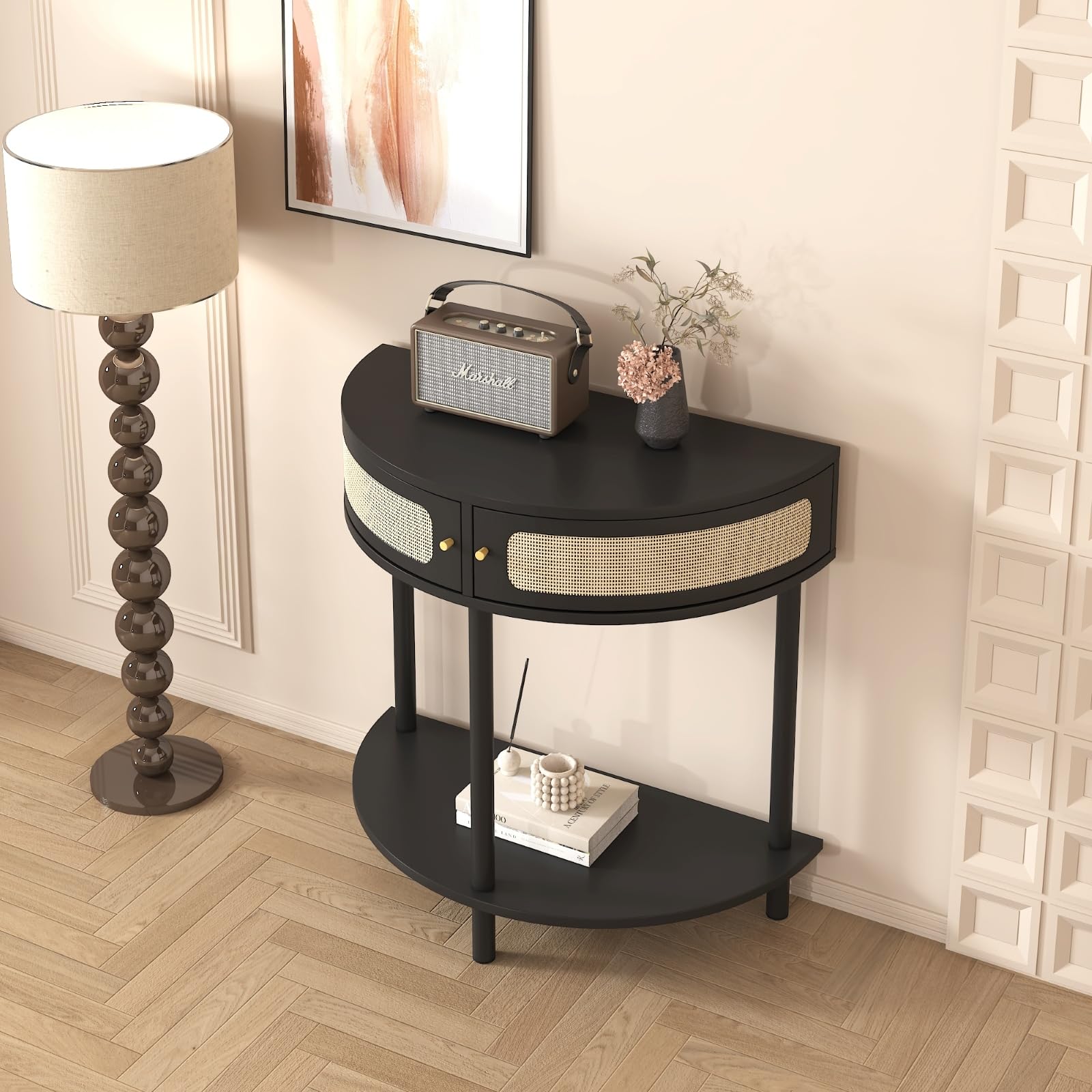 VIRIDURE Entryway Table, Half Moon Entry Way Console Tables with 2 Rattan Storage,Small Half Circle Tables for Hallway, Narrow Round Accent Decort