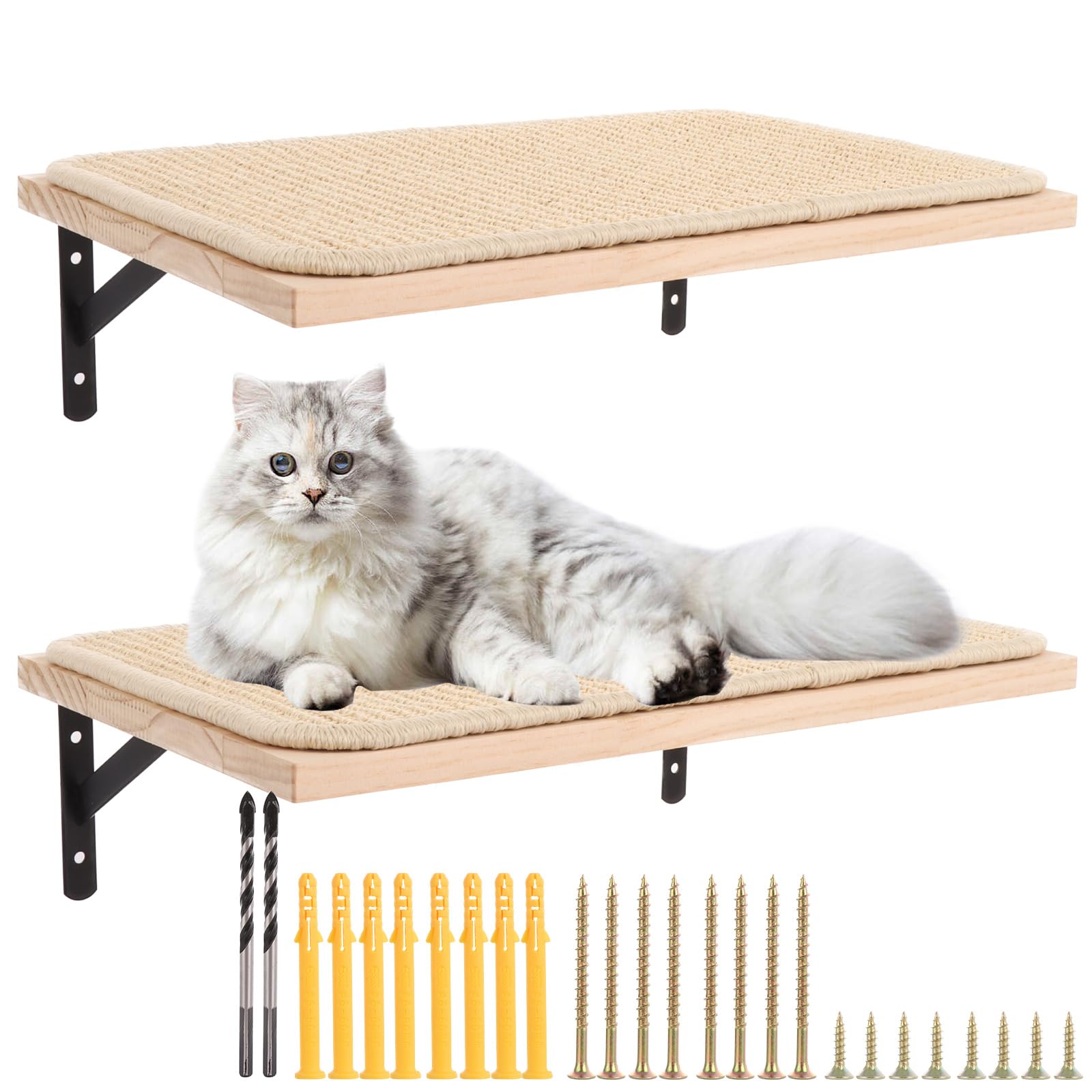 LDHHYH 2 Pack Cat Wall Shelves with Sisal Mat, 16 x 10 Inch Wooden Cat Wall Furniture, Wall-Mounted Cat Floating Shelf, Cat Wall Hammock Cat Wall Steps Cat Wall Bed for Sleeping, Playing & Scratching