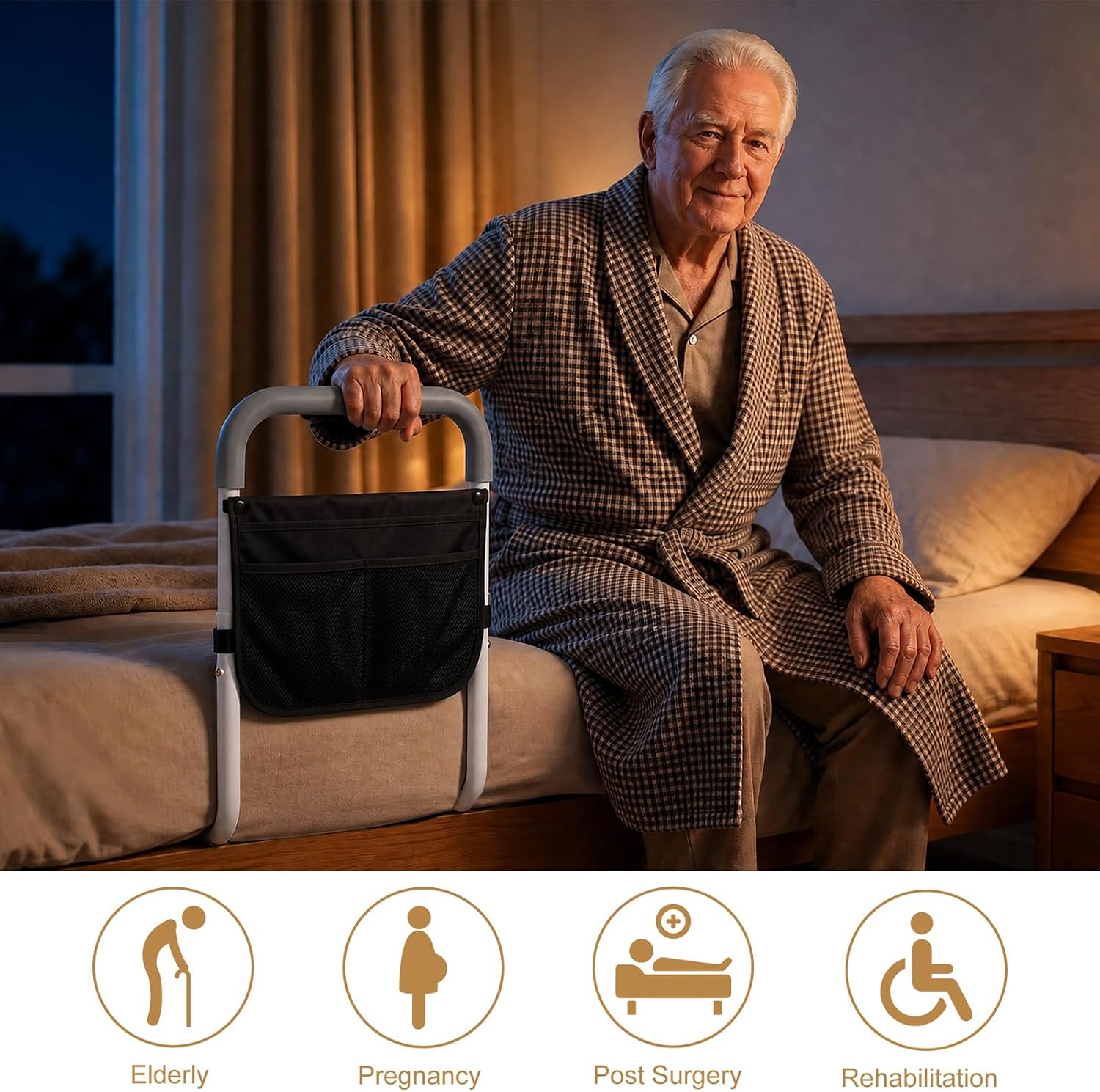 Bed Rails for Elderly Adults Safety, ASTM Certified Bed Assist Rail with Heavy-Duty Reinforced Frame, Non-Slip Bed Side Railing for Seniors with Safety Strap & Storage Pocket, Tool-Free (Grey)