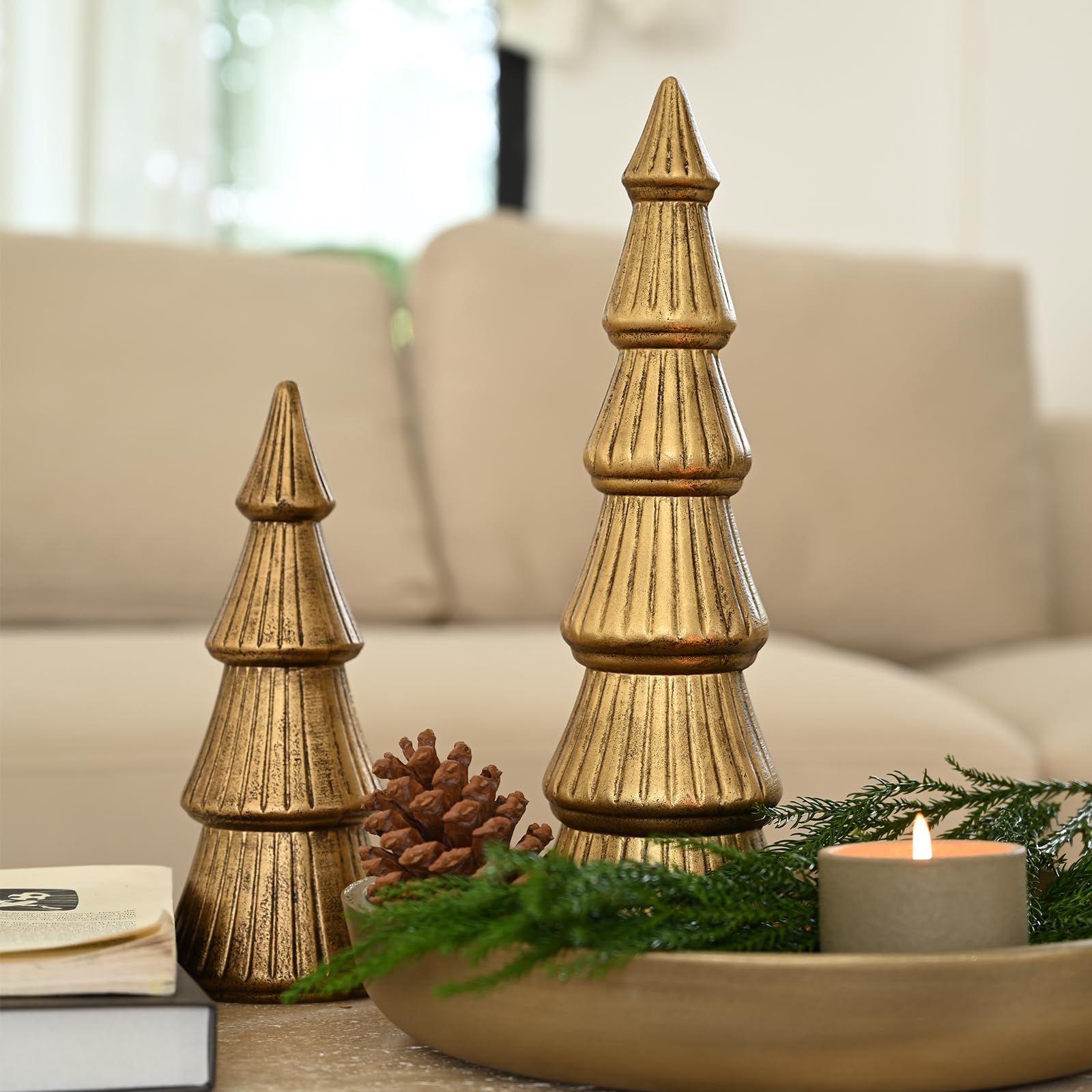 DN DECONATION Figuras de árbol de Navidad de madera, juego de 2 árboles de Navidad dorados, decoración de madera, decoración de mesa para decoración de Navidad, chimenea, estantería y decoración de
