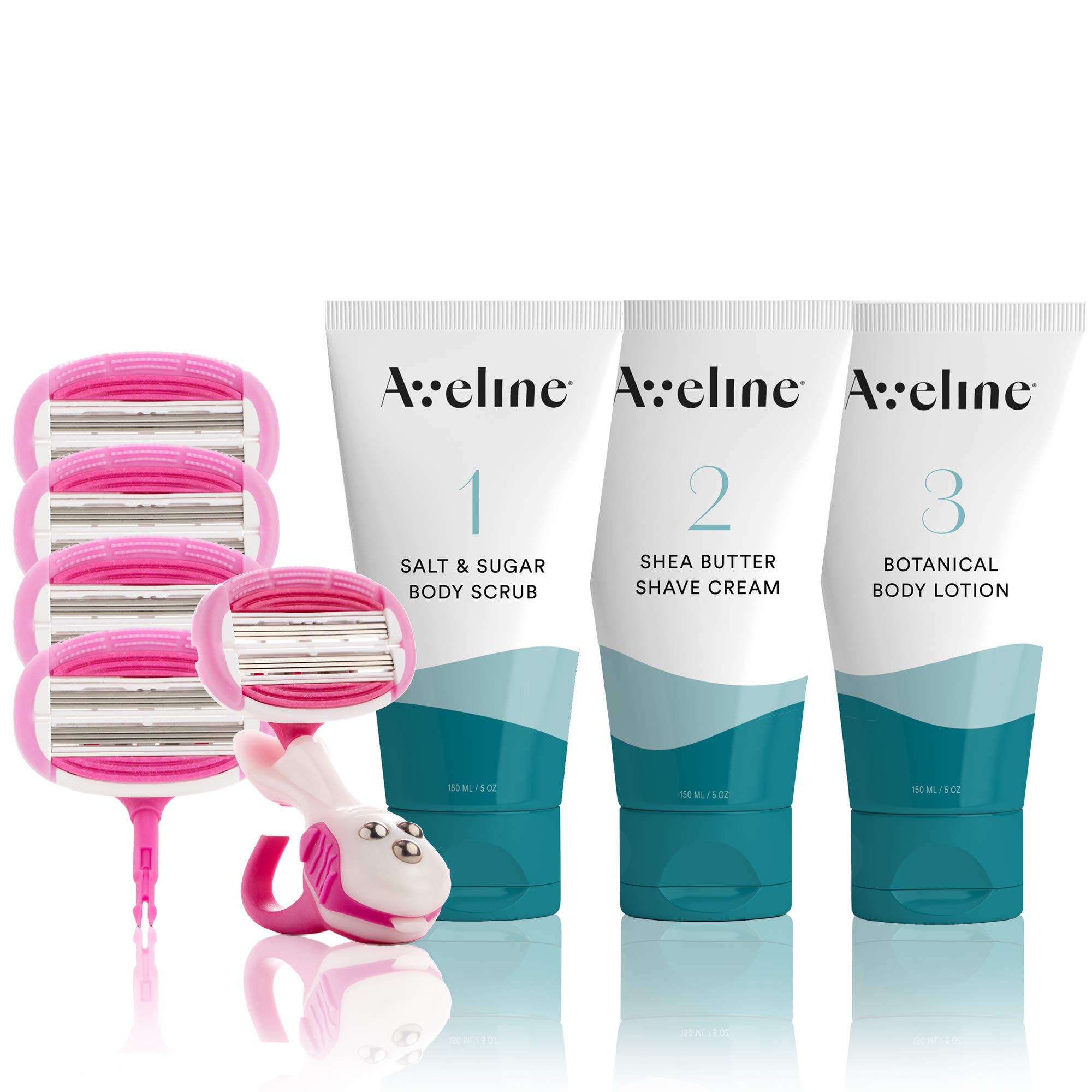AvelineWomen's Silky Smooth Shaving Starter Kit | 6-Blade Razor, 4pk Refill Blades, Salt & Sugar Body Exfoliating Scrub - 5oz, Shea Butter Shaving Cream - 5oz, and Botanical Moisturizing Body Lotion