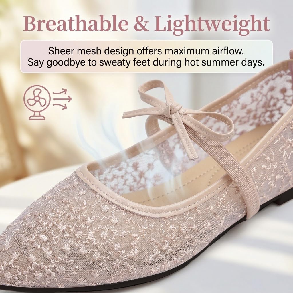 Ballerine da donna con ricamo in pizzo ricamato, ballerine da donna, eleganti ballerine floreali con cinturino a fiocco, traspiranti, comode, per matrimoni e ufficio
