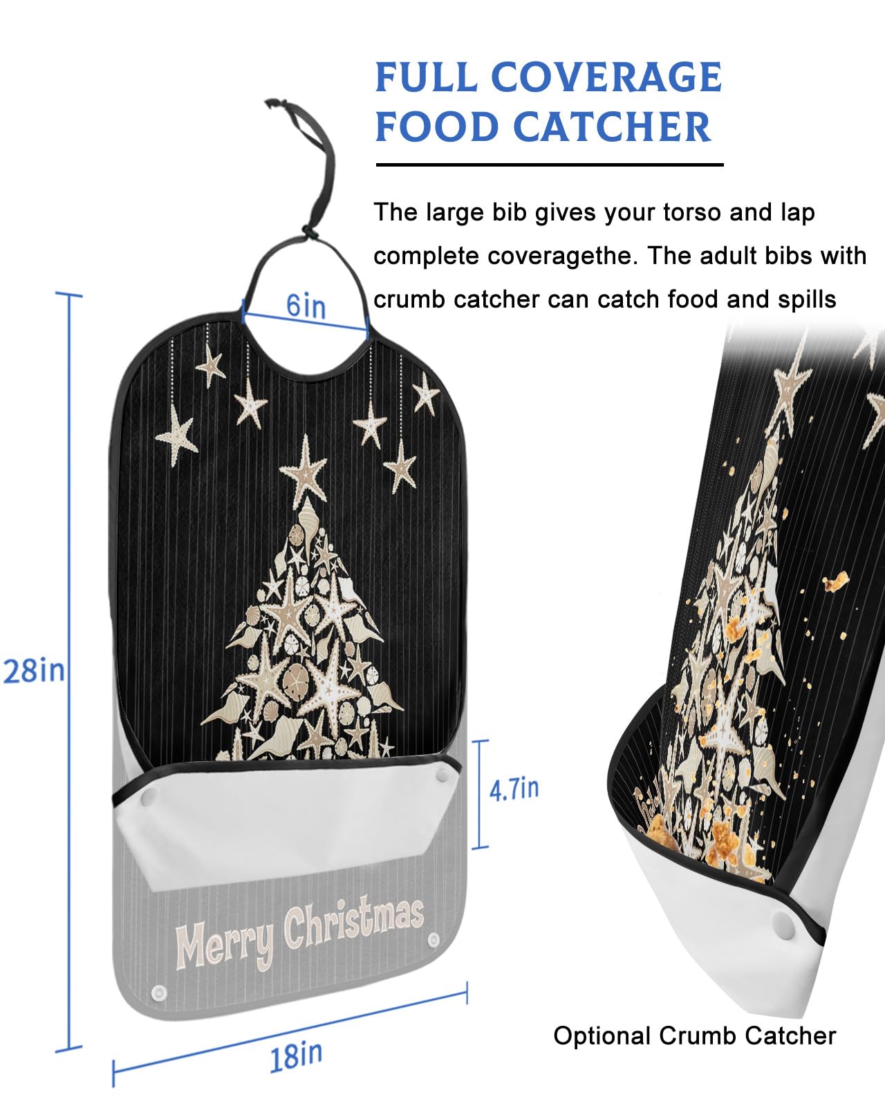 Christmas Tree Adult Bib for Adults Men, Women, Washable & Adjustable Terry Cloth Bib with Crumb Catcher Reusable Waterproof Clothing Clothes Protector Apron Ocean Nautical Shell Starfish Black Stripe