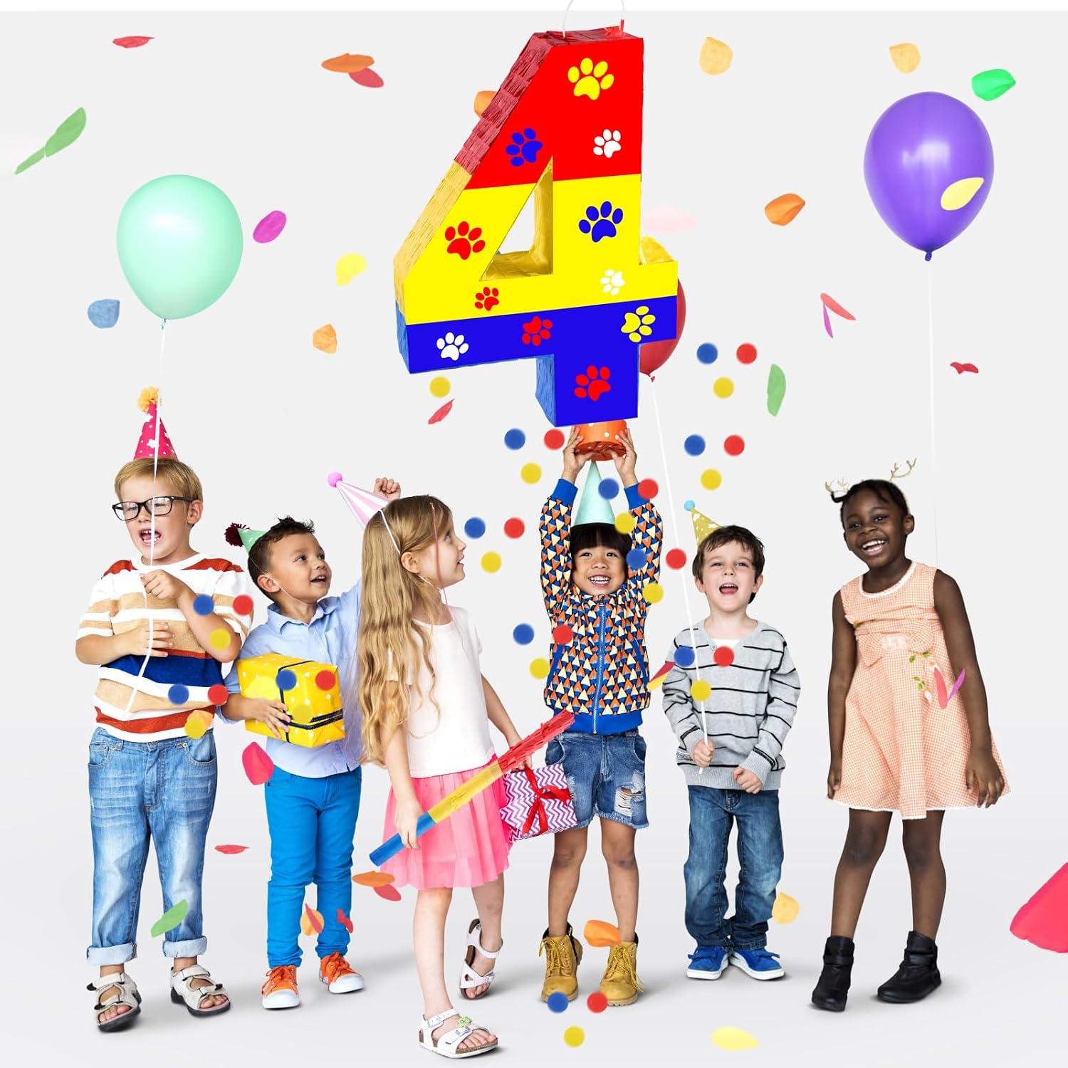 15.7 x 11.5 x 3 Inch Dog Paw Number 4 Pinata, Colored Dog Paws Theme 4th Birthday Decorations with 16 Inch Piñata Stick Blindfold Confetti for 4th Birthday Party Supplie