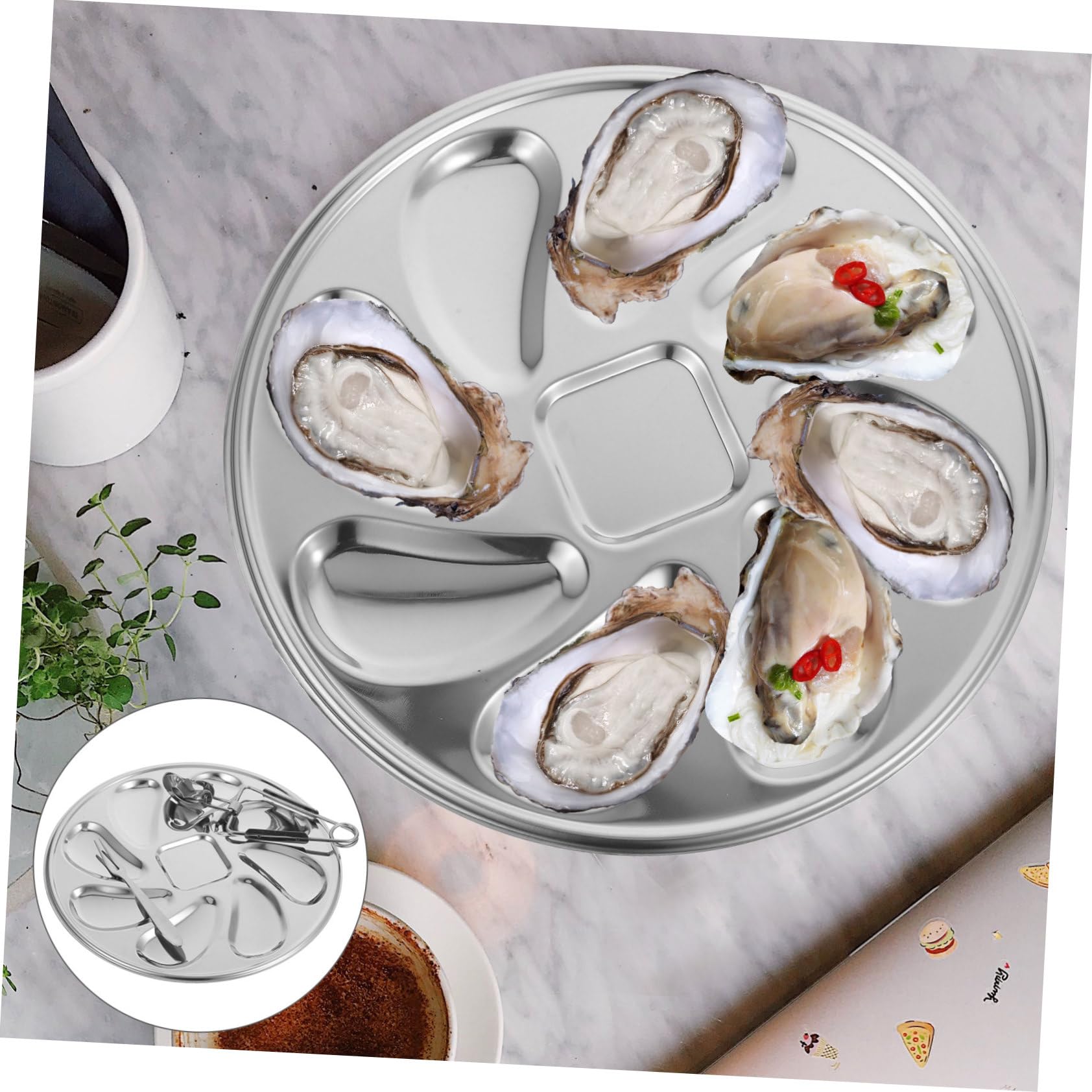 COLLBATH Set Piatti per Ostriche in Acciaio Inossidabile, Vassoio Multifunzione per Frutti di Mare Clip e Forchetta, Piatto da Portata Comodo per Ristorazione e Uso Domestico