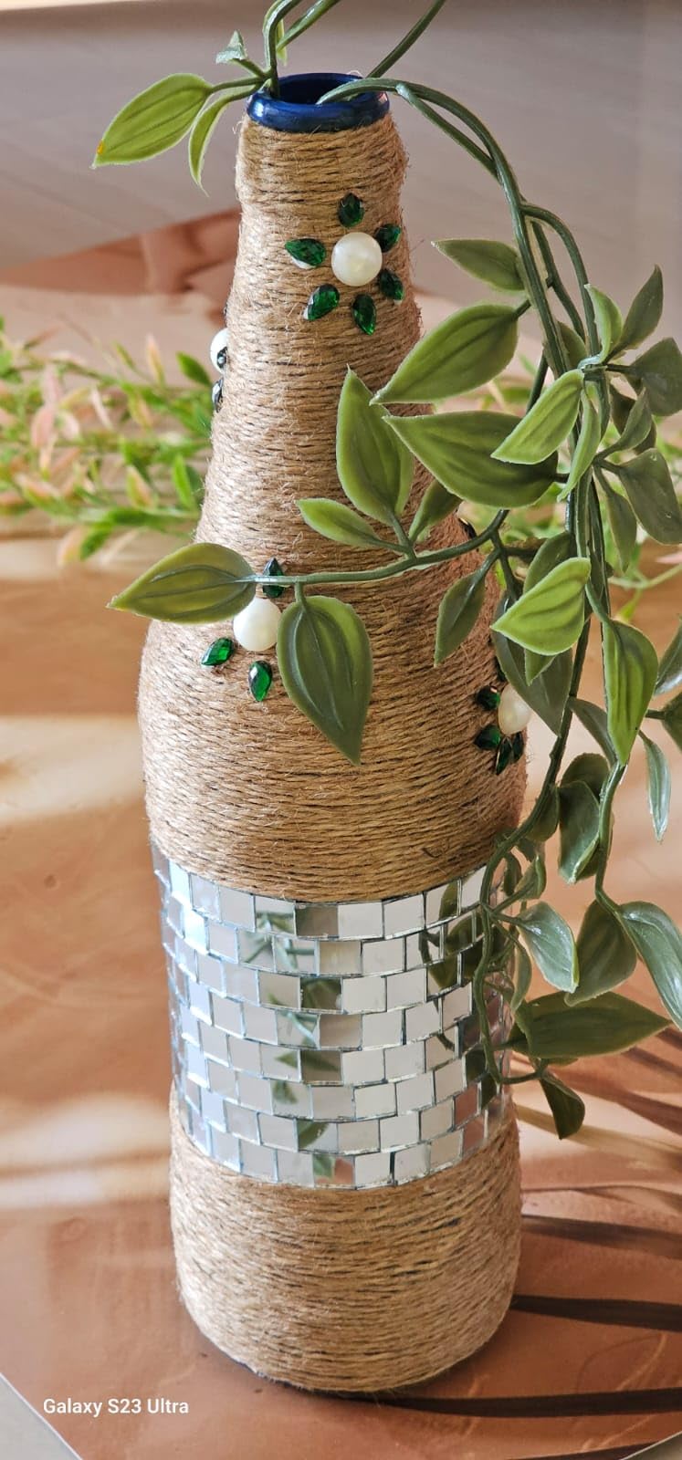 Handmade Decorative Jute Wrapped Bottle Vase with Mirror Work & Floral Beads – Rustic Home Decor Showpiece-image-15