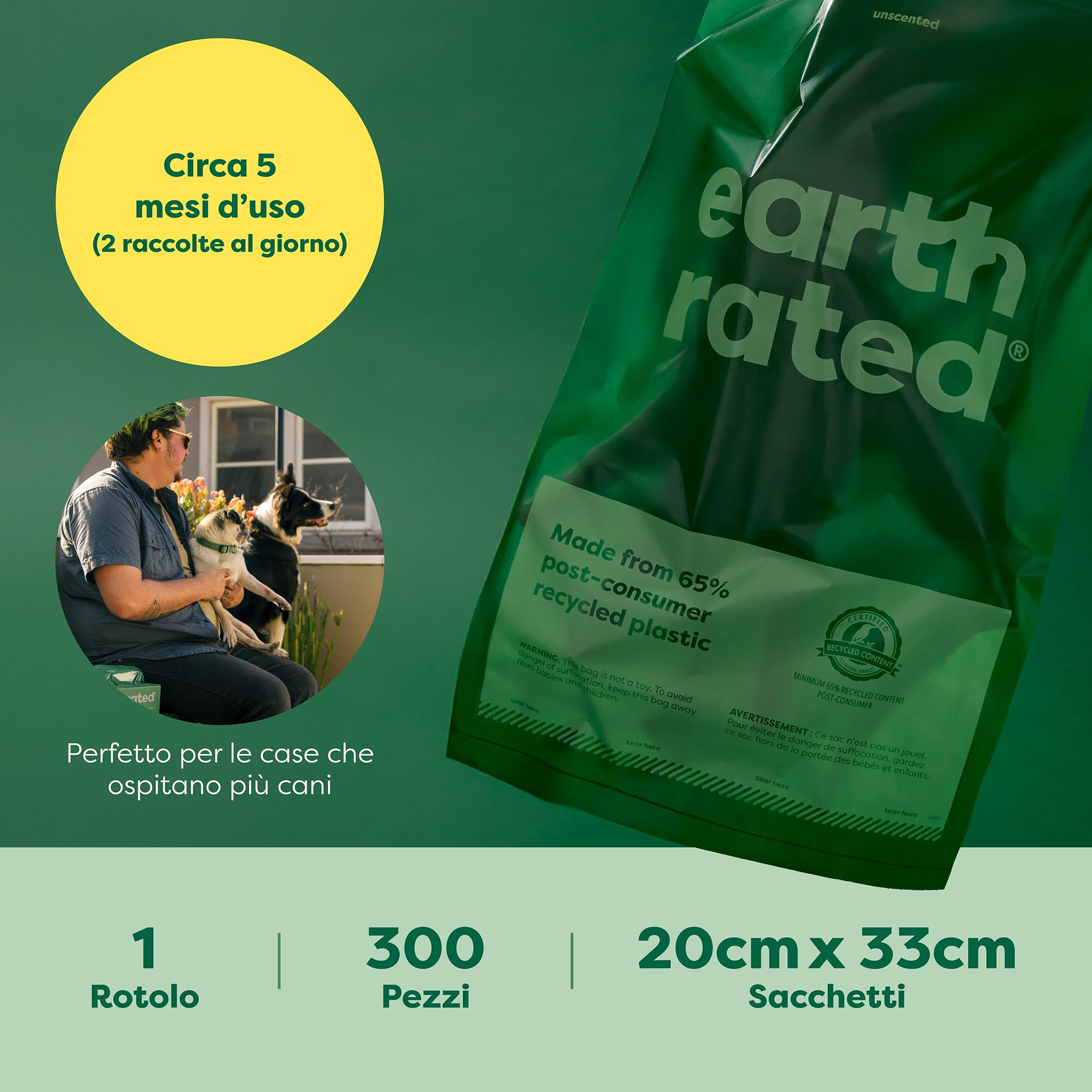 Earth Rated - Sacchetti igienici per cani - Sacchetti per escrementi animali a prova di perdite extra spessi, ottimi per raccogliere in giardino - Rotolo singolo pronto all’uso - Inodore - 300 pezzi