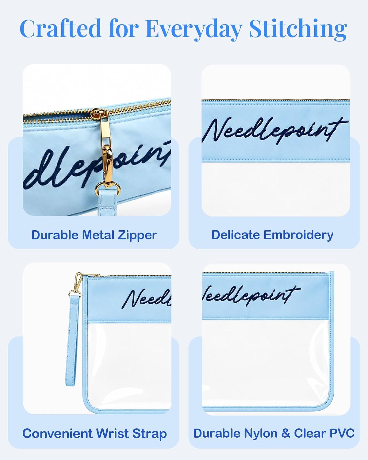 Needlepoint Project Bag, Nylon PVC Needlepoint Kit Organizer with Strap, Embroidered Needlepoint Accessories Storage Pouch for Cross Stitch, Embroidery & Crafts, Gift for Stitchers (Blue)