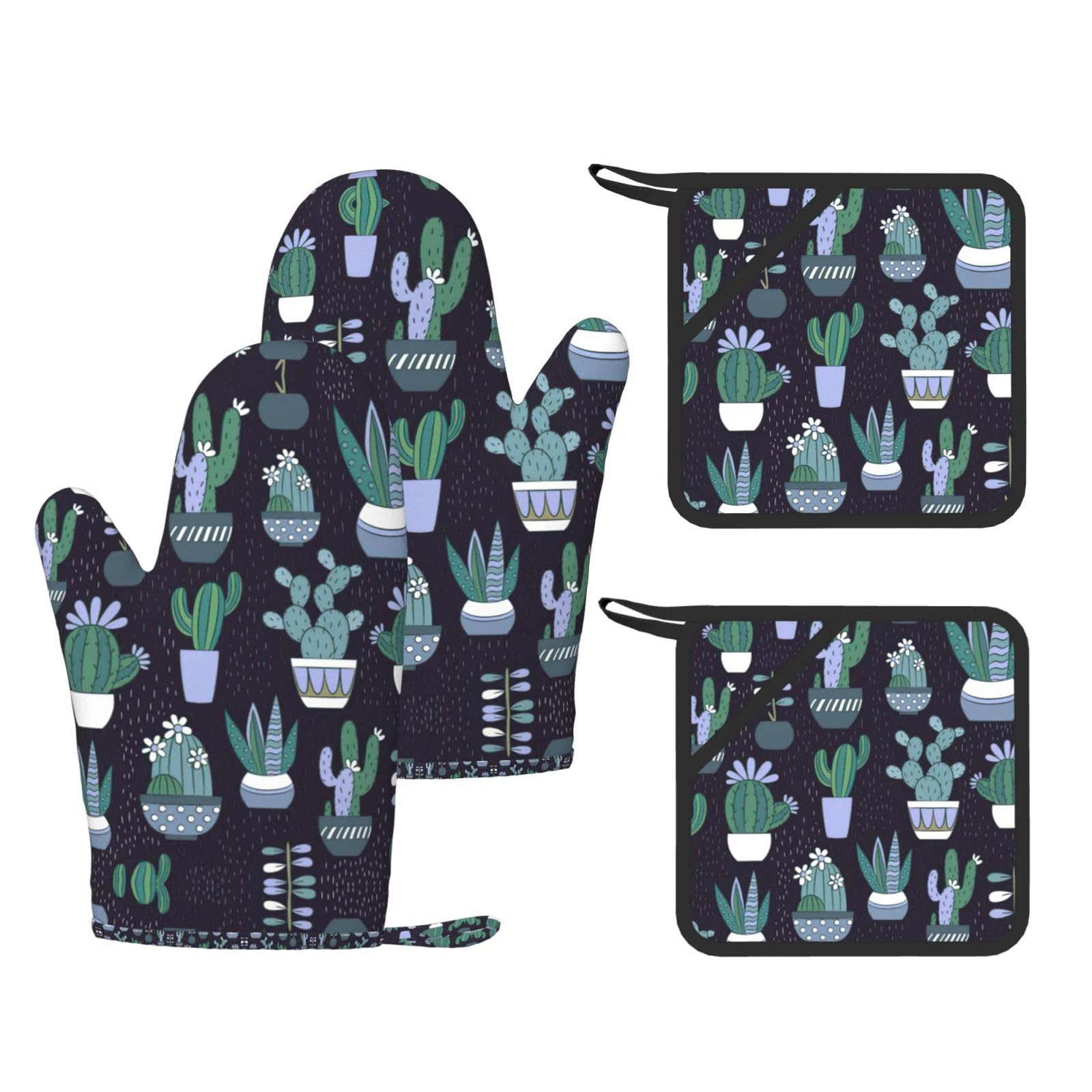 Eeprty Black Cactus Printed Kitchen Oven Gloves And Potholder 4 Pcs, Non-Slip Heat Resistant Mitts For Baking Chef