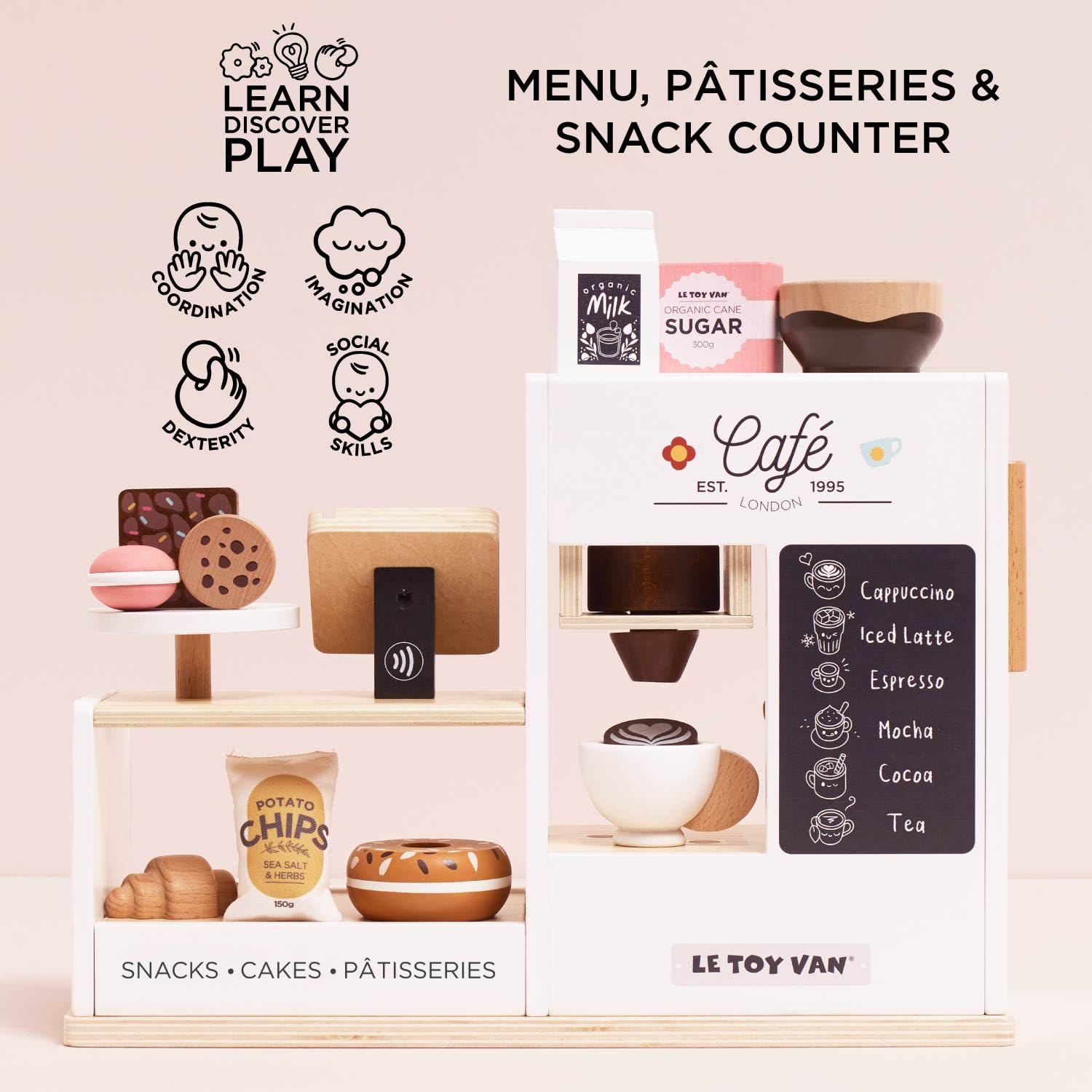 Petit Jour Machine à Café Barista en Bois FSC, Set de Jeu pour Enfants 3+, 40,7 x 15 x 31,5 cm, avec Accessoires de Coffee Shop, Caisse et Gourmandises