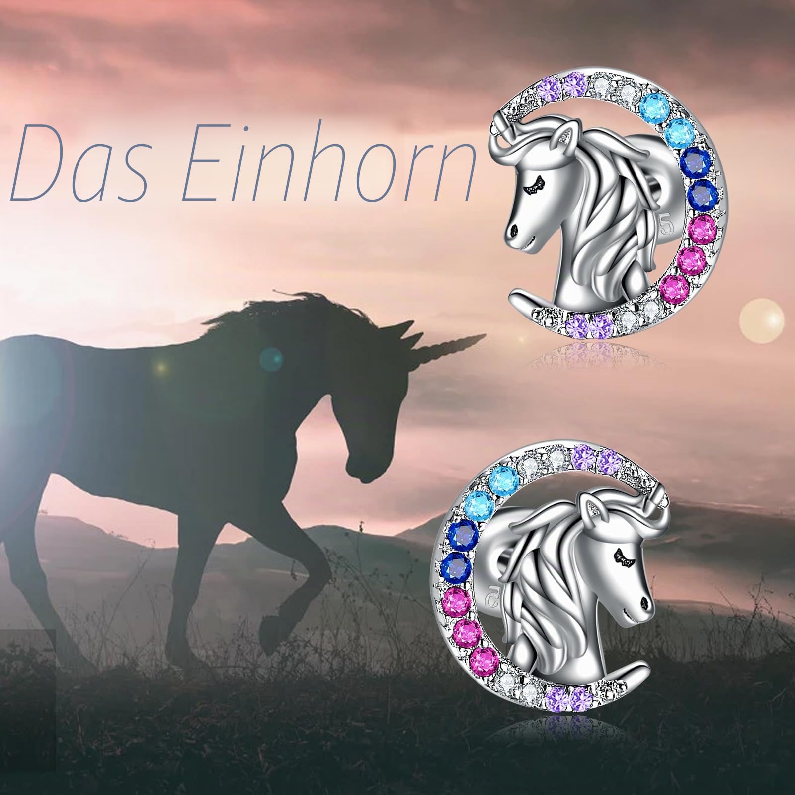 YFN Mädchen Ohrstecker Sterling Silber Pferd/Einhorn/Katze Mond Ohrringe Geschenke für Frauen Mädchen