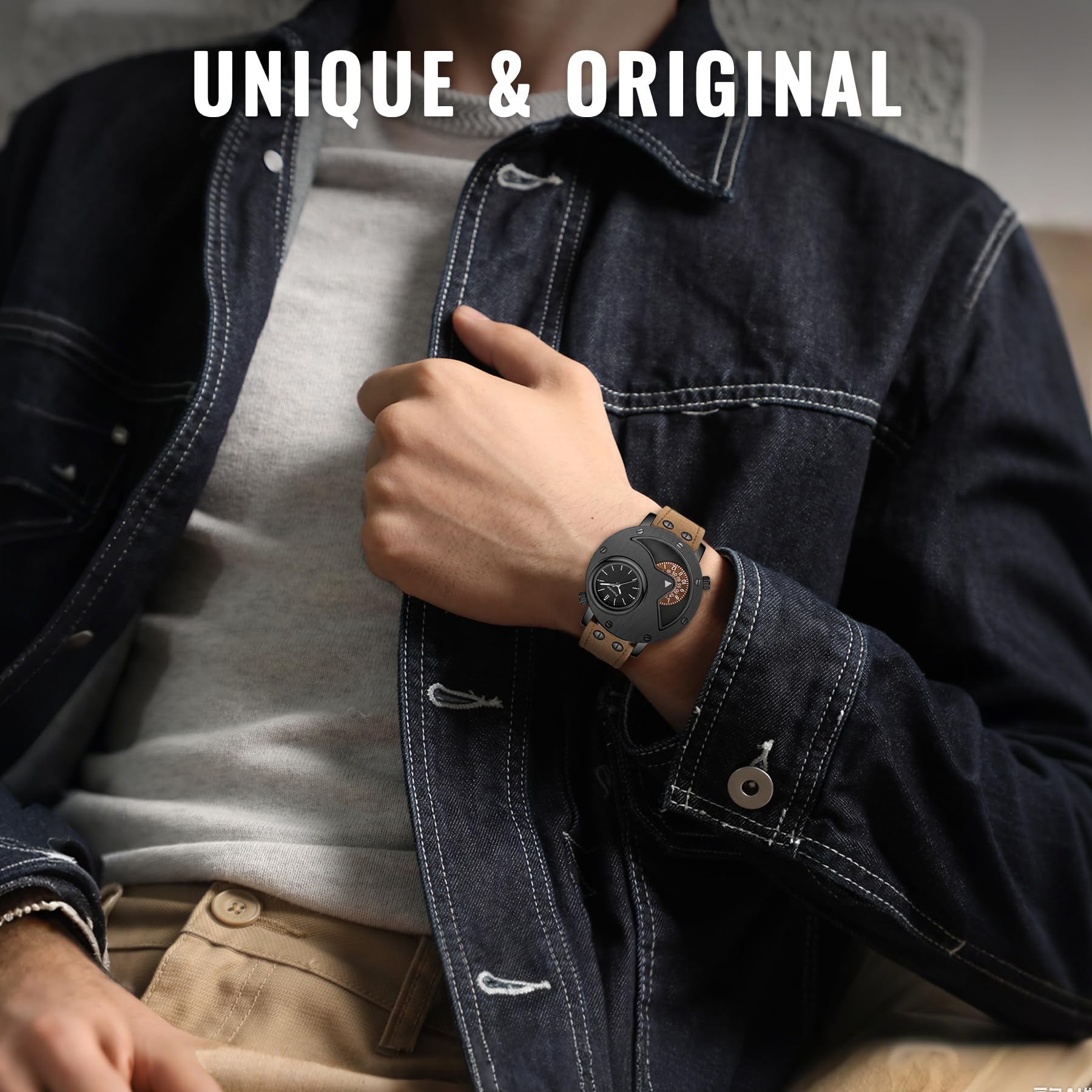 Men's Watch,Dual Time Wrist Watches for Men,Unique Analog Quartz Watch with Leather Strap Cool Design - 4