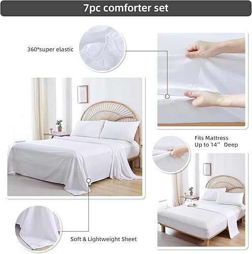 Miniatura 4 de JANZAA Juego de edredón de tamaño matrimonial de 7 piezas, juego de edredón de cama en una bolsa, edredón beige con sábanas de microfibra, fundas de