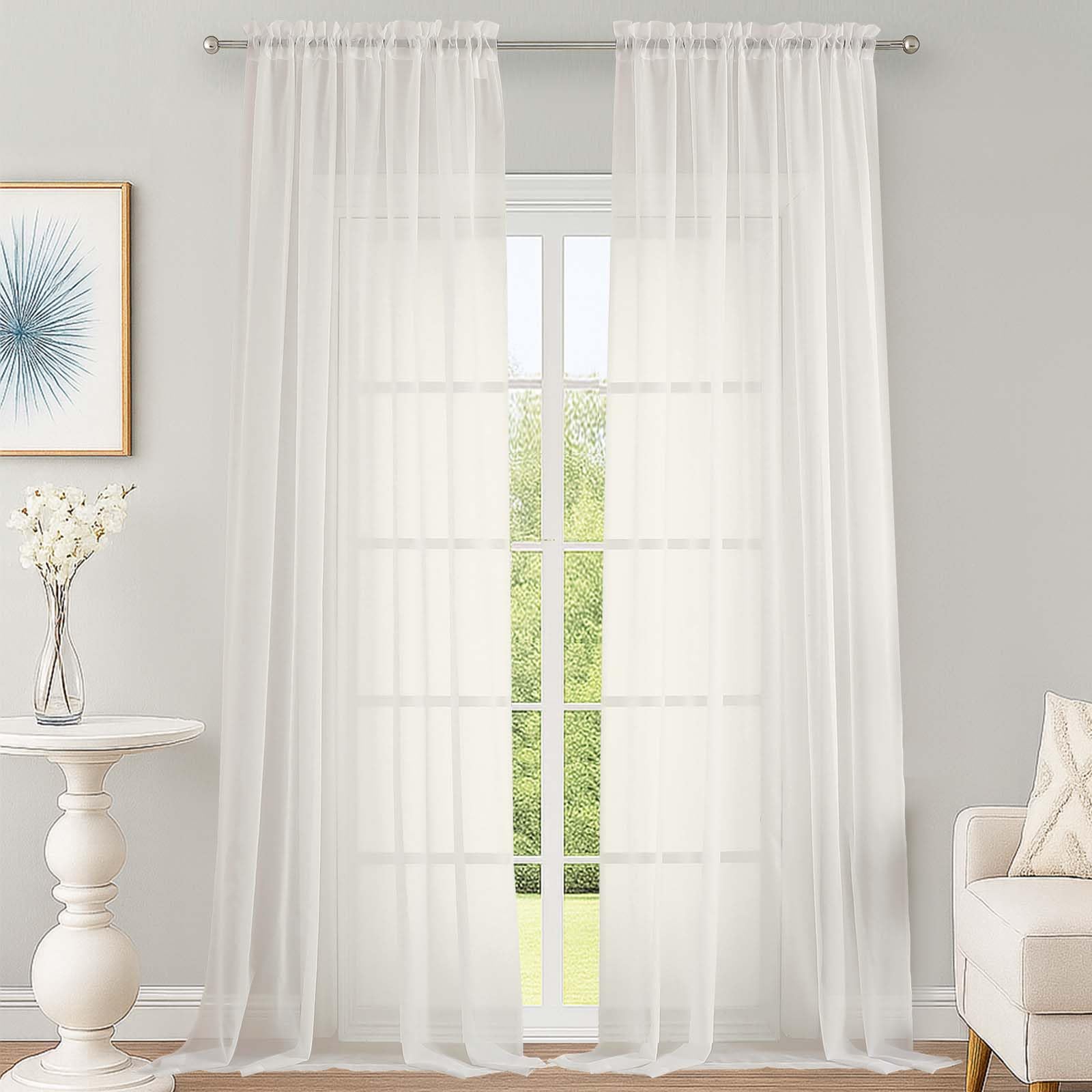 OWENIE Extra Long Ivory Sheer Curtains 144 inch 2 Panels Set, Translucent Backdrop Window Scarf Drapes for Canopy Bed/Wedding/Living Room/Anniversary, 12FT Length, Each 59Wx144L in, 2PCS, Ivory