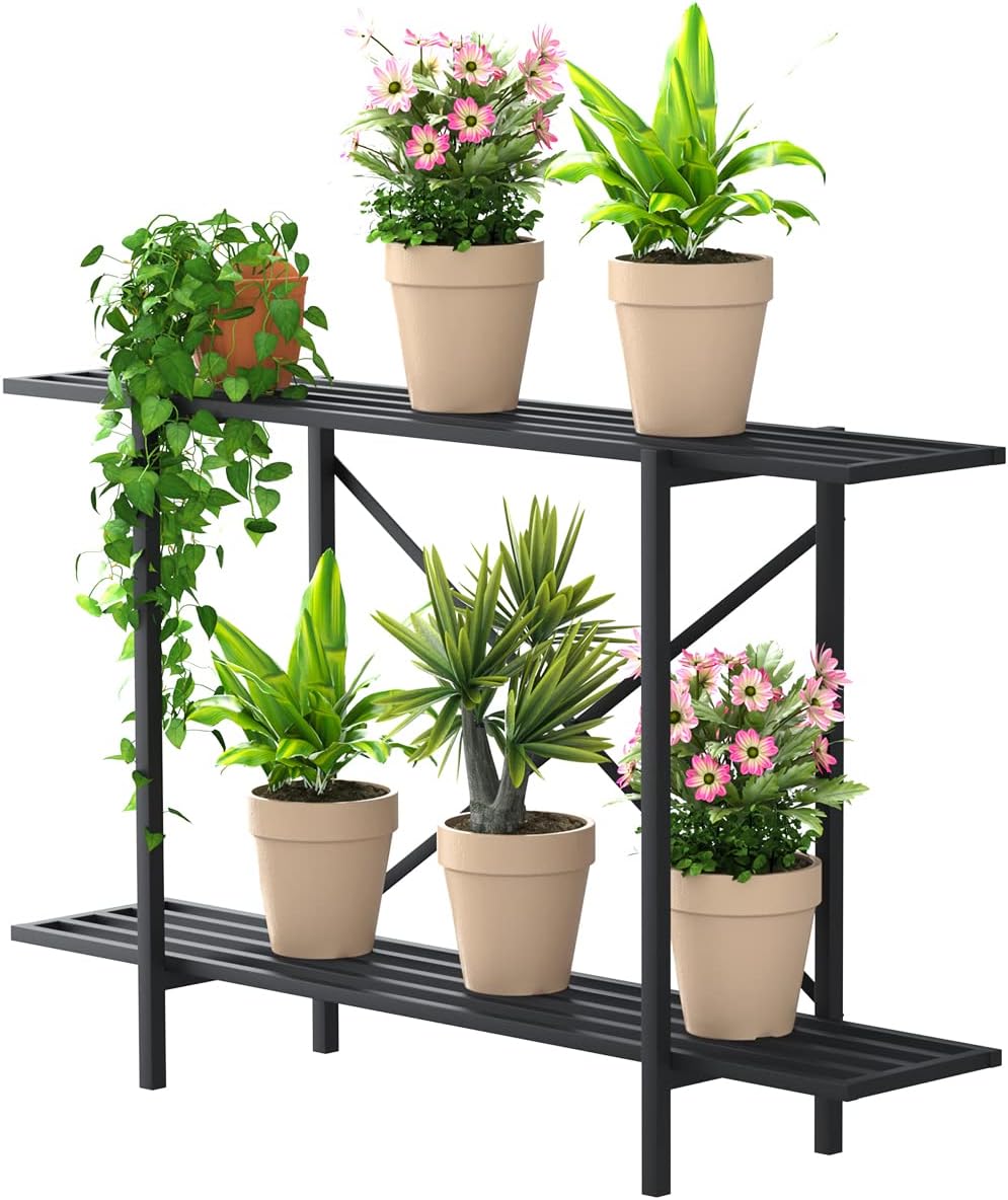Zhongma 2 Tier Metal Sturdy Heavy Plant Stand, Narrow Plant Stand Indoor and Outdoor, L45.67 x W10.3 x H27.5 inch, 440 LBS Capacity & Heavy Duty Construction. … 2 Tier: 45.67 L x 10.3 W x 27.5 H