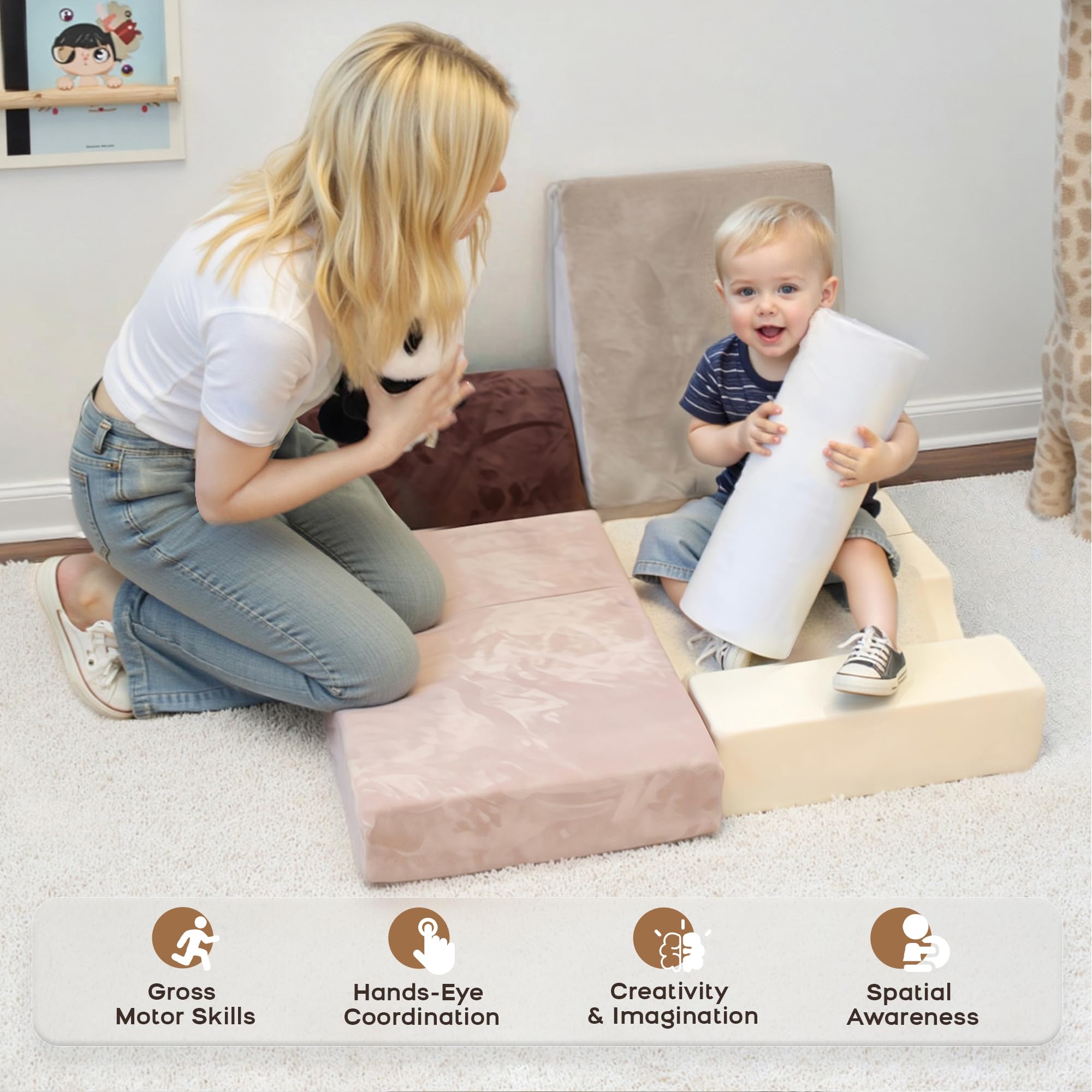 BanaSuper 5 Bloques de Espuma para Escalada, Gimnasio Interior para Bebés, Carrera De Obstáculos De Interior, Convertible y Tapete de Juego, Desarrollo Psicomotor para Casa y Guardería, Azul