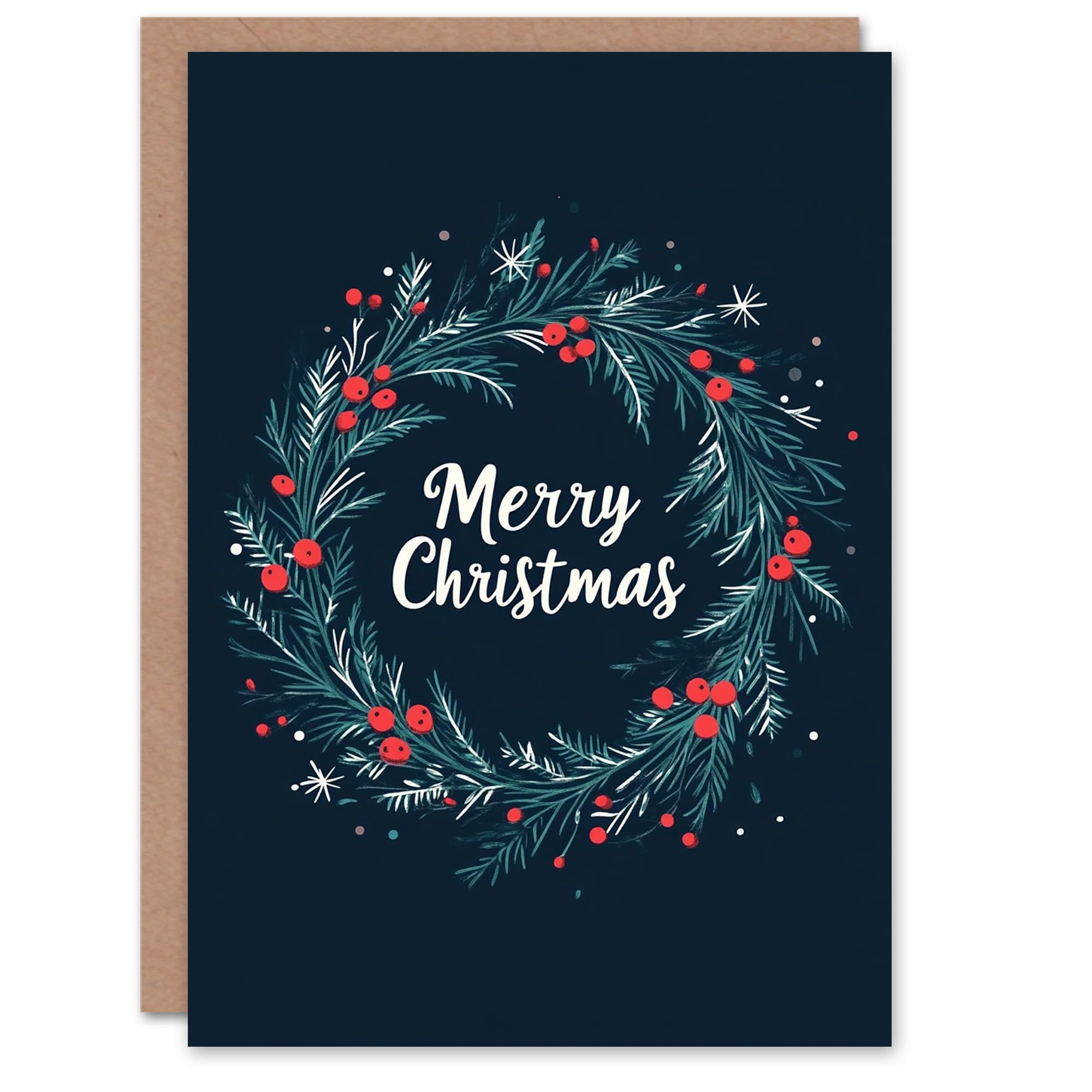 Artery8 Holly Pine Tree Round Wreath Blue Blank For Him Or Her Art Xmas Festive Christmas Card