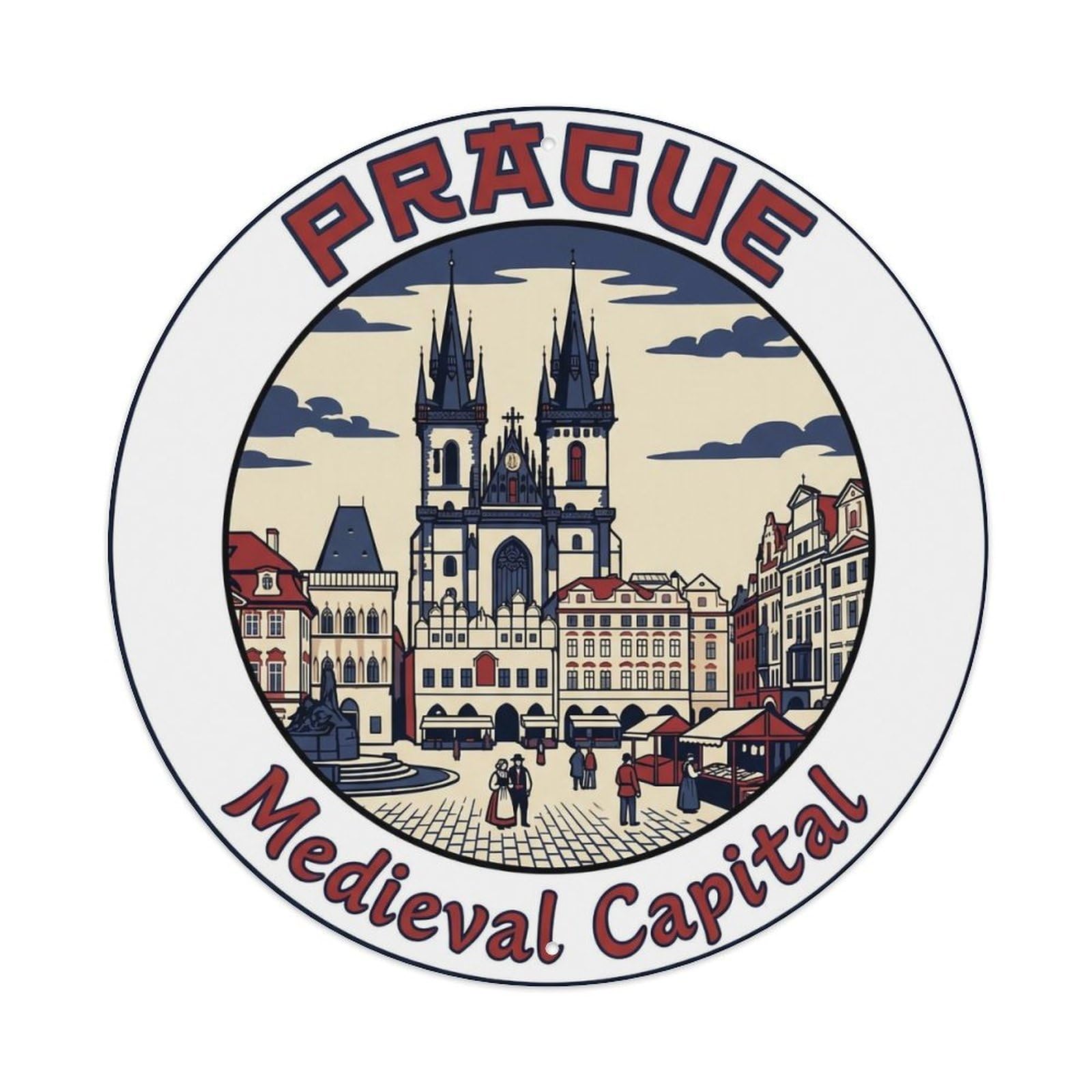 Vintage Travel Prague Czechia Waterside Metal Tin Sign