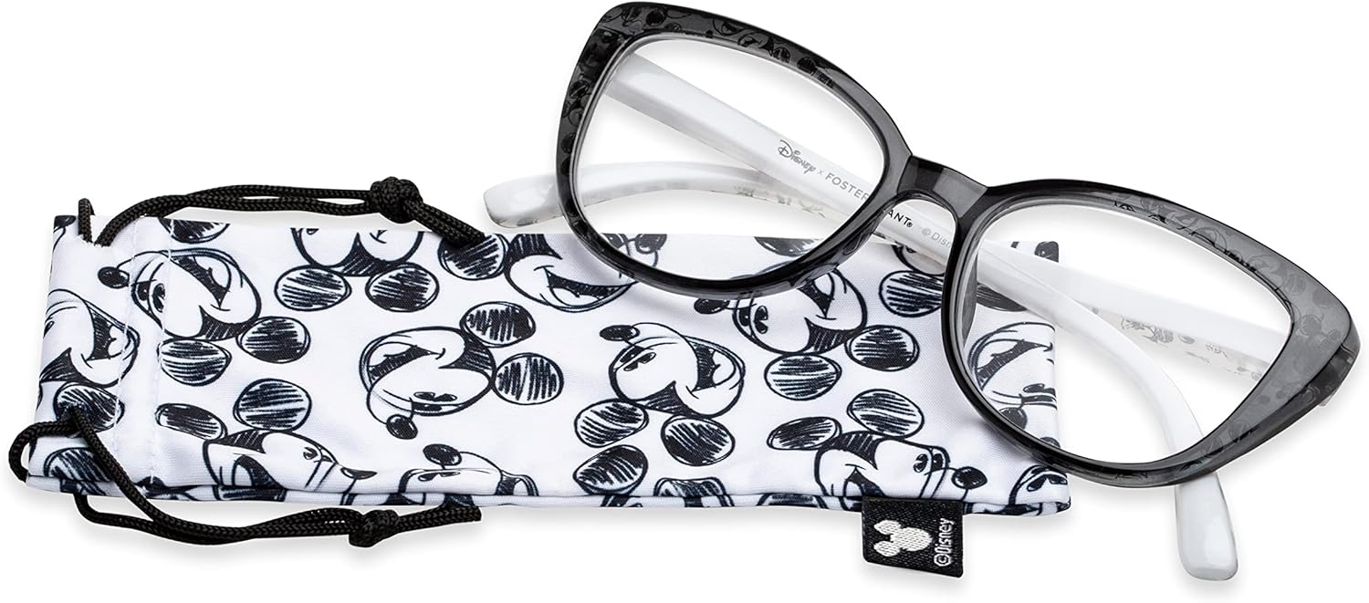 Foster Grant Disney x Women's Dreamer Cat-Eye Reading Glasses, Black and Crystal with Mickey Mouse Print, 48 mm + 1.75