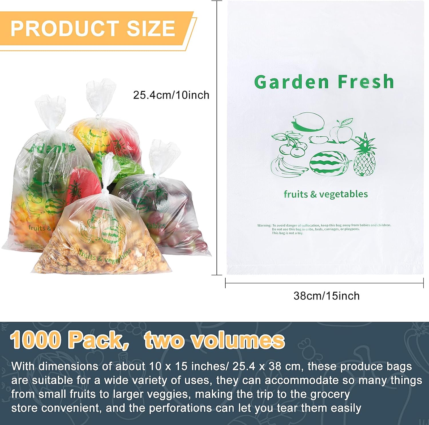 Geyoga 1000 Pcs Plastic Produce Bags Narrow Profile Bags Clear HDPE Produce Handbags for Grocery Food Vegetable Storage, 500 Bags/1 Roll (10 x 15 Inches)