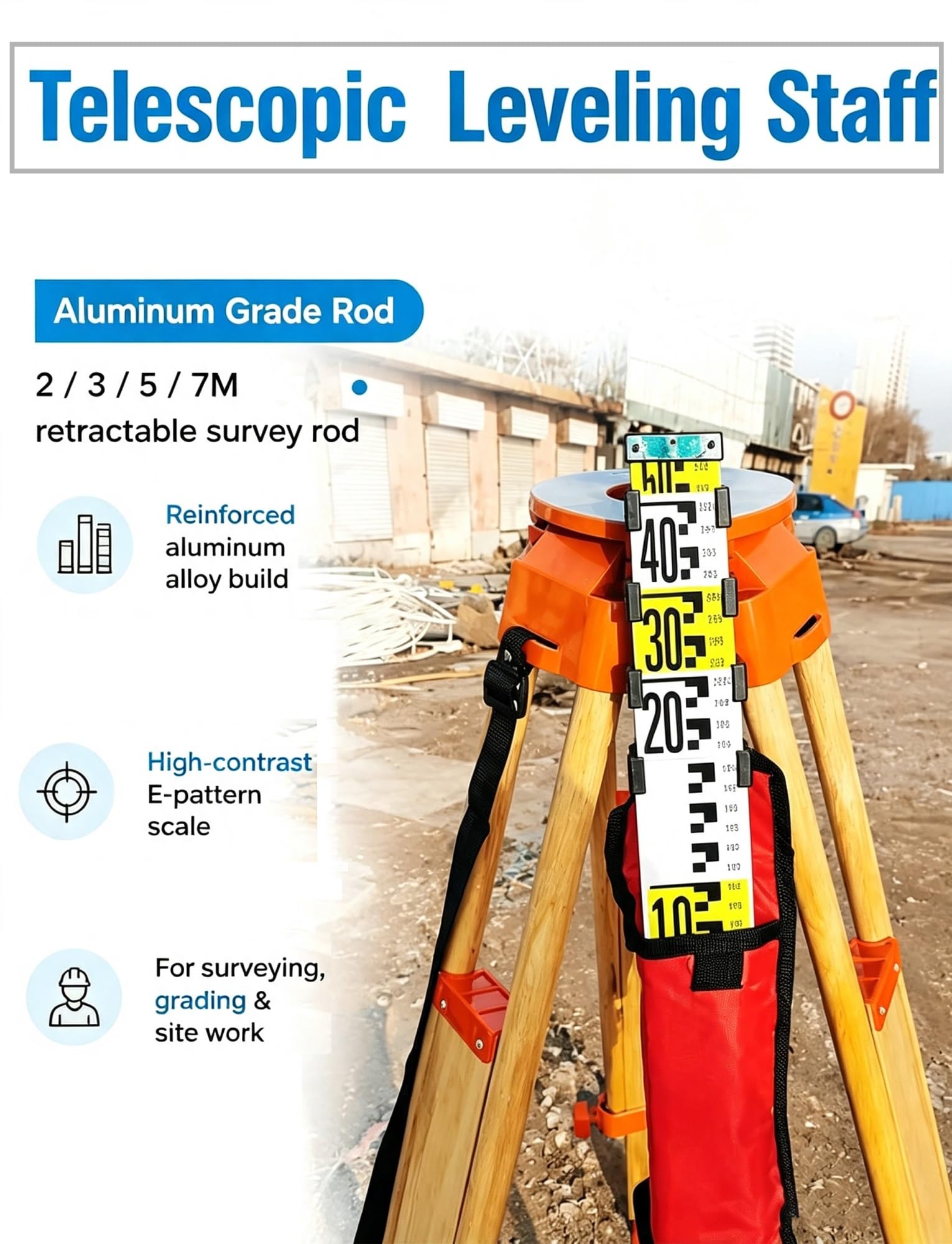 Vara telescópica de Aluminio con trípode para topografía y construcción.