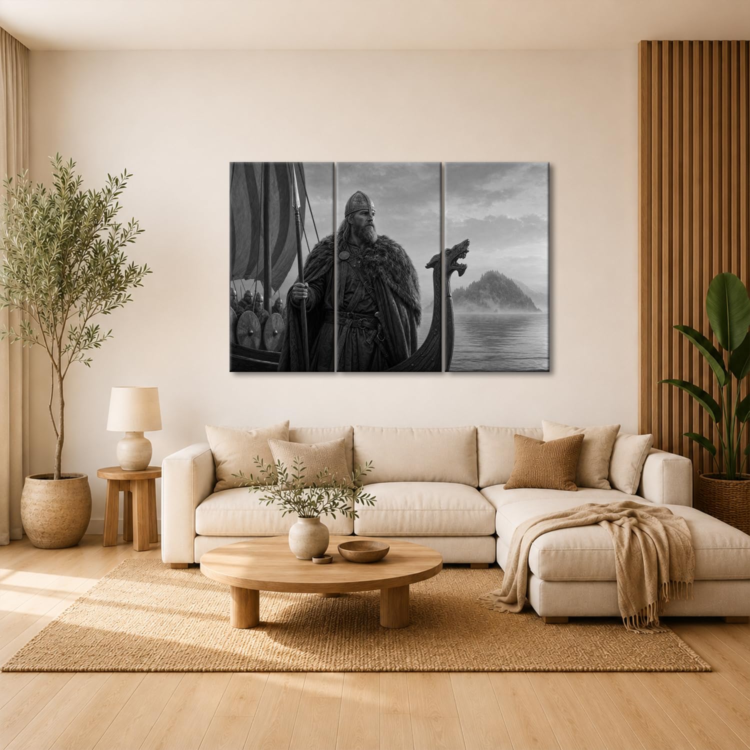 Obraz na płótnie Wikingowie na smoczej łodzi w wodzie 120 x 80 cm czarno-biały