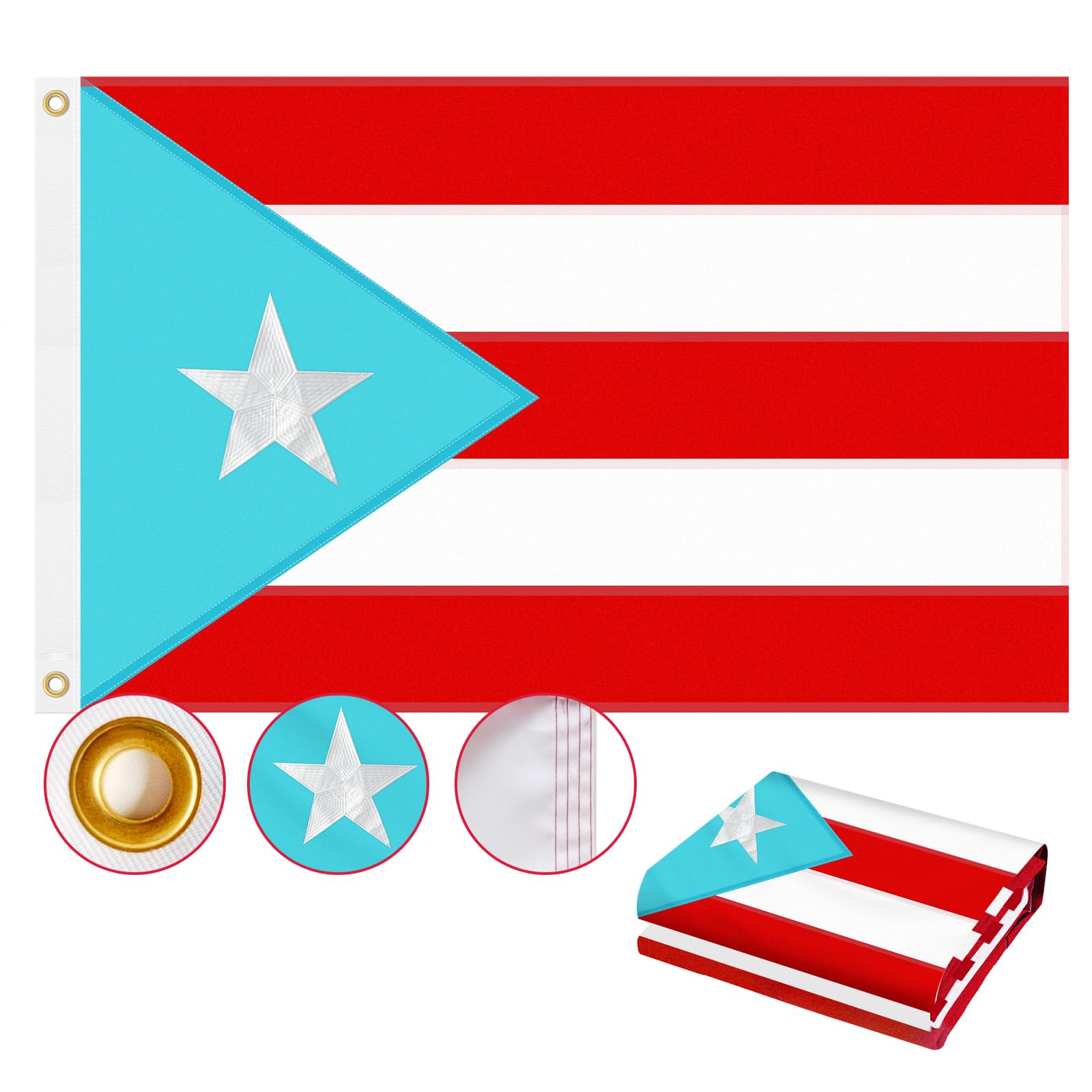 Puerto Rico Flag 3x5 FT Outdoor, Heavy Duty 210D Fabric | Light Blue Triangle with Embroidered Star and Four Rows Stitching with Brass Grommets | Commonwealth of Puerto Rican PR Flag for Indoor Home