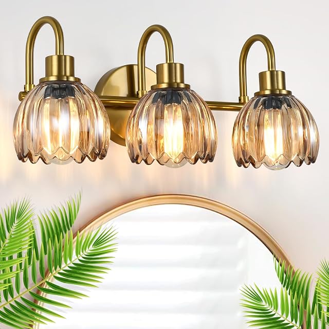 Bathroom Light Fixtures 3-Light Brushed Gold Vanity Light Over Mirror Modern Wall Sconces 20 with Tulip Glass Shade