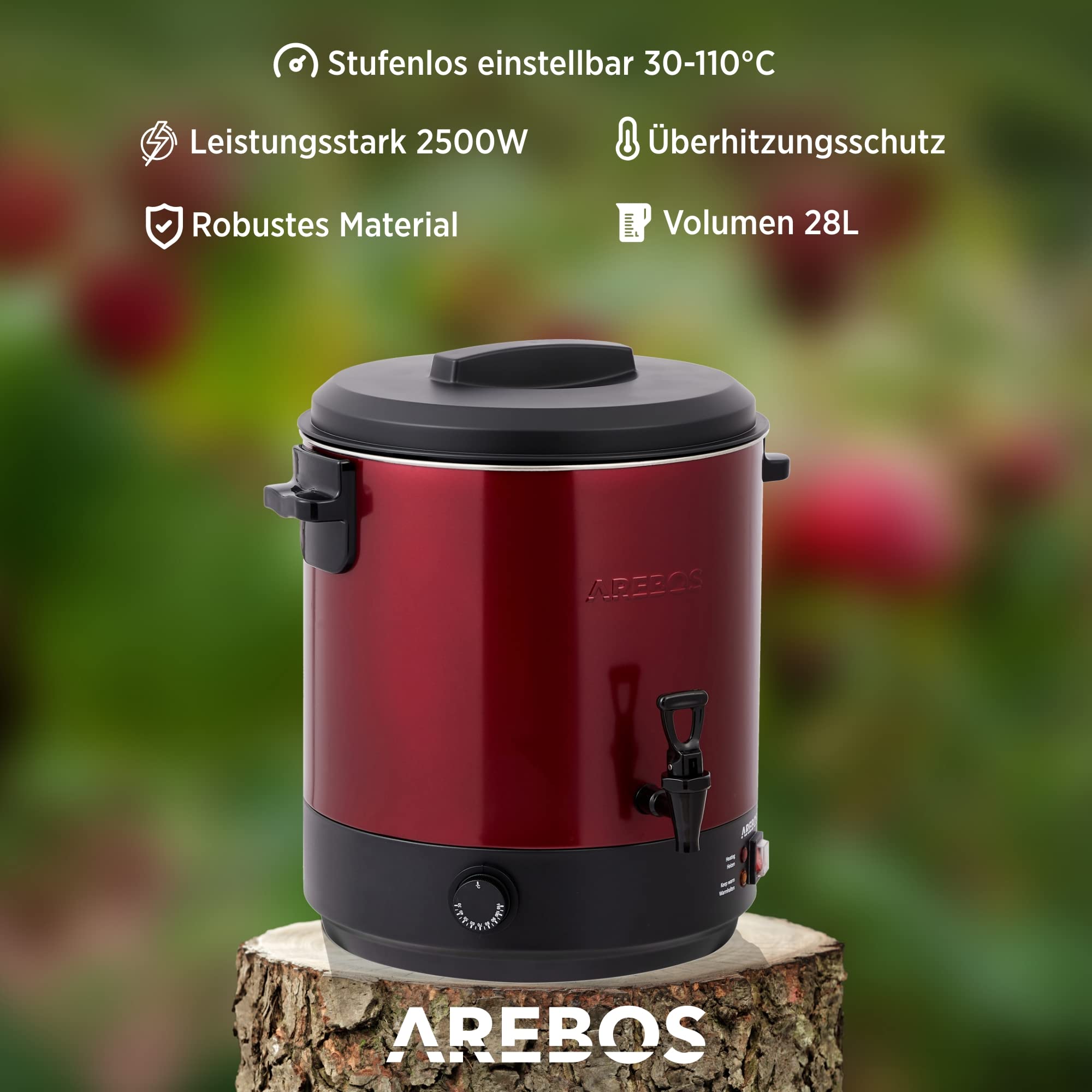 Arebos Einkochautomat 2500 W | Einkochtopf 28 L | mit Thermostat & Überhitzungsschutz | stufenlose Temperatureinstellung 30-110°C | Glühweinkocher | inkl. Einmachglasheber & Einmachtrichter | Rot