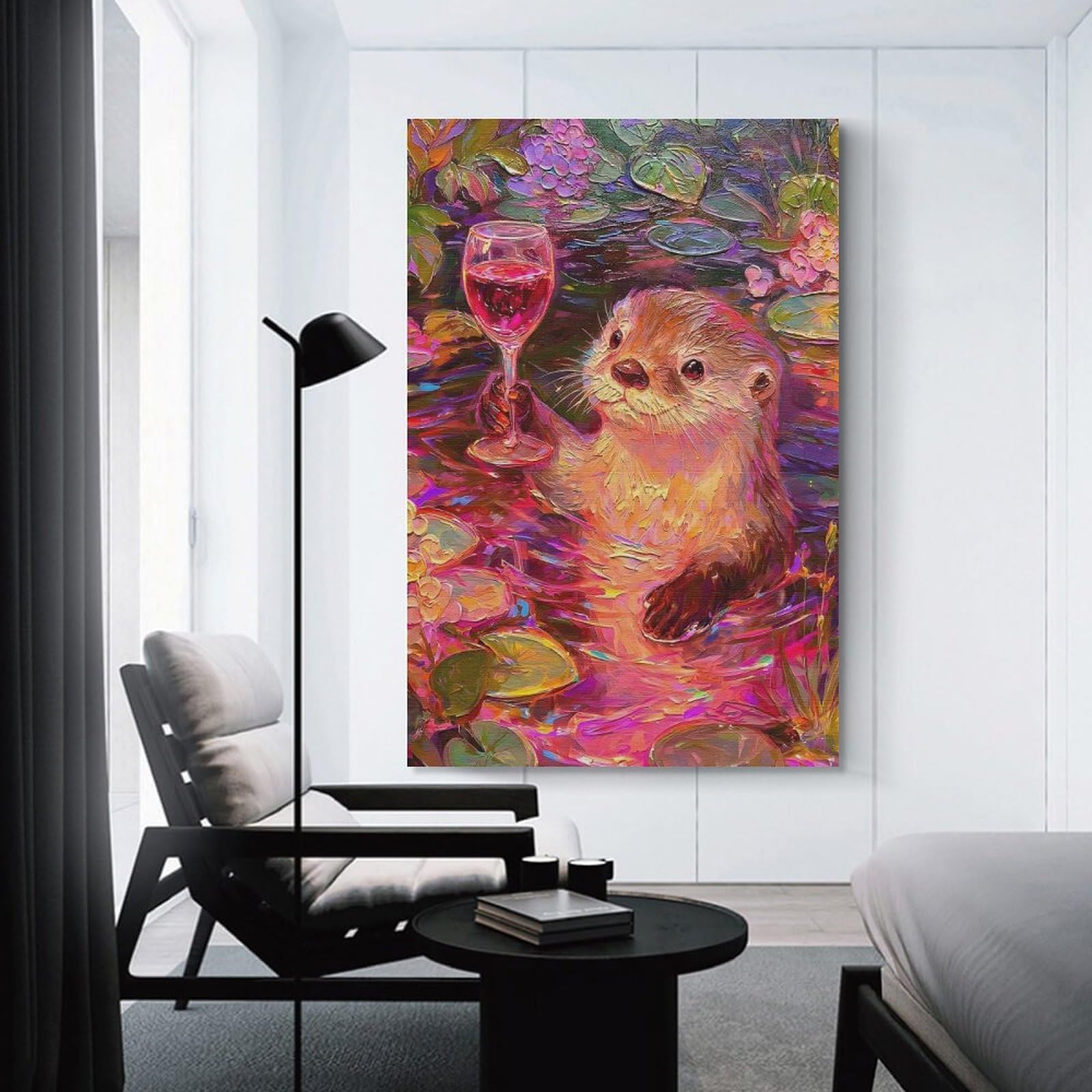 Junmoney Unframe-Style-13 Otter With Wine Glass Painting Room Decor Wall Art, 24X36inch(60X90cm), For Front Hall, Corridor Or Welcome Spaces, A Neat Decor Update For Hallways