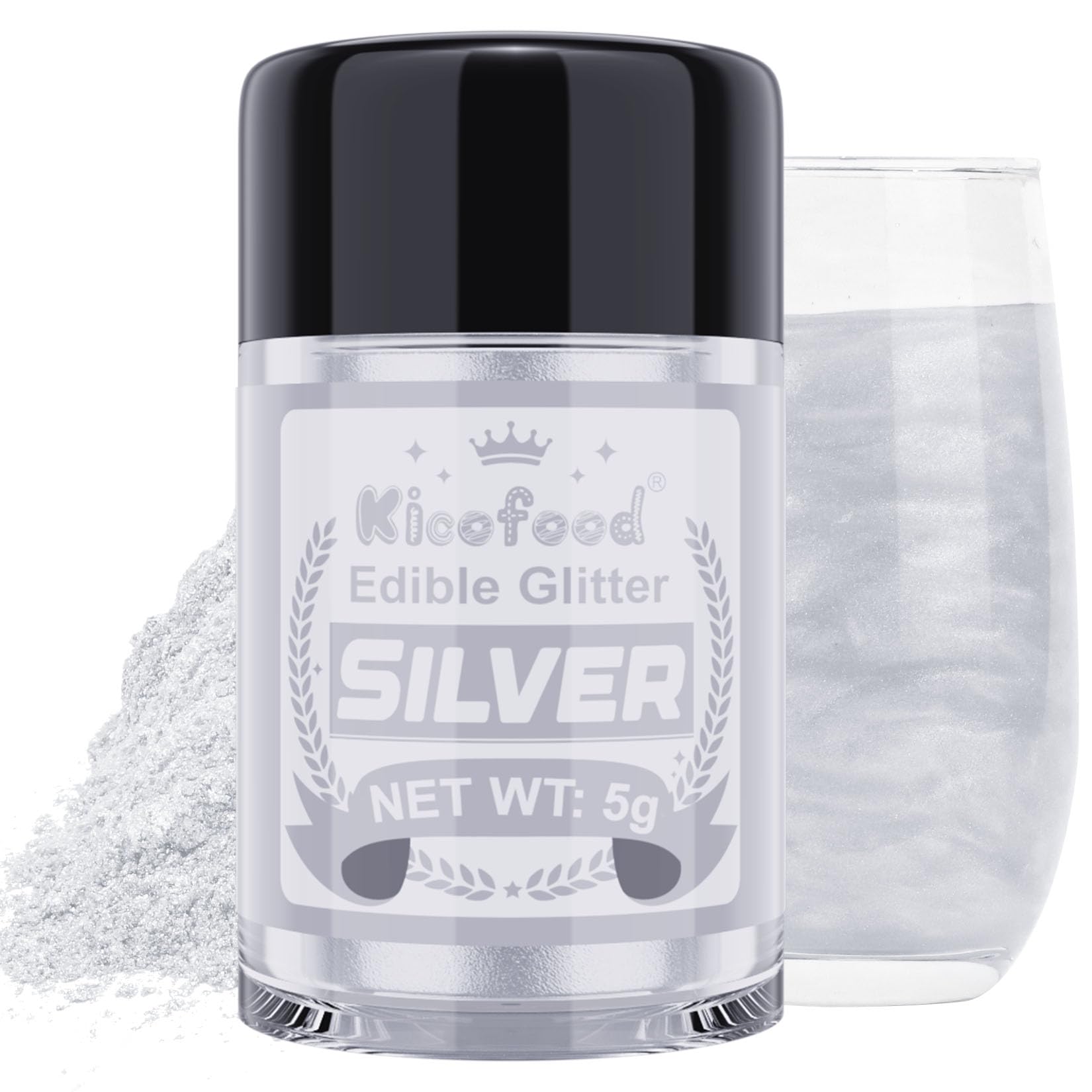 Edible Glitter for Drinks - Kicofood 5g Edible Lustre Dust Food Grade, Edible Glitter for Cakes Fondant Cream Muffins Chocolates Cocktail (Silver)