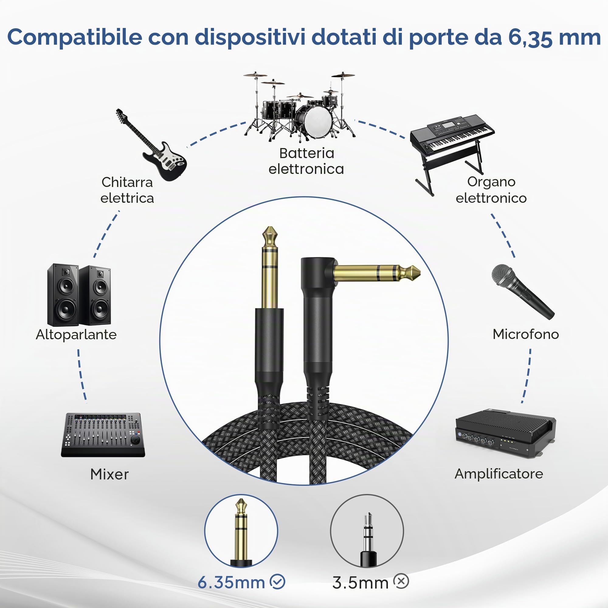 Elebase Cavo Audio Jack Angolo Retto 6.35 mm 3M 2-Pezzi,Cavi Filo Doppio 6.35mm Maschio,Cable Guitar TRS Bilanciato 90 Gradi Angolare 1/4 Pollici per Strumenti,Chitarra Elettrica,Basso,Tastiera,Amp