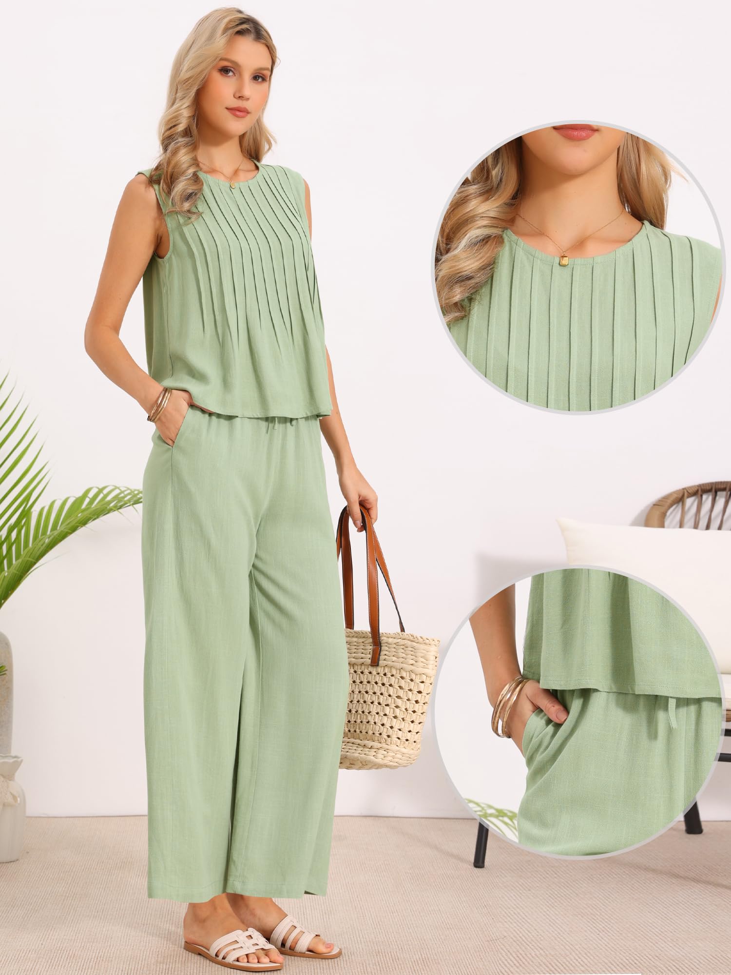 Allegra K Ensembles Décontractés 2 Pièces pour Femmes Été Pantalon Débardeur Plissé Léger Pantalon Large à Cordon de Serrage
