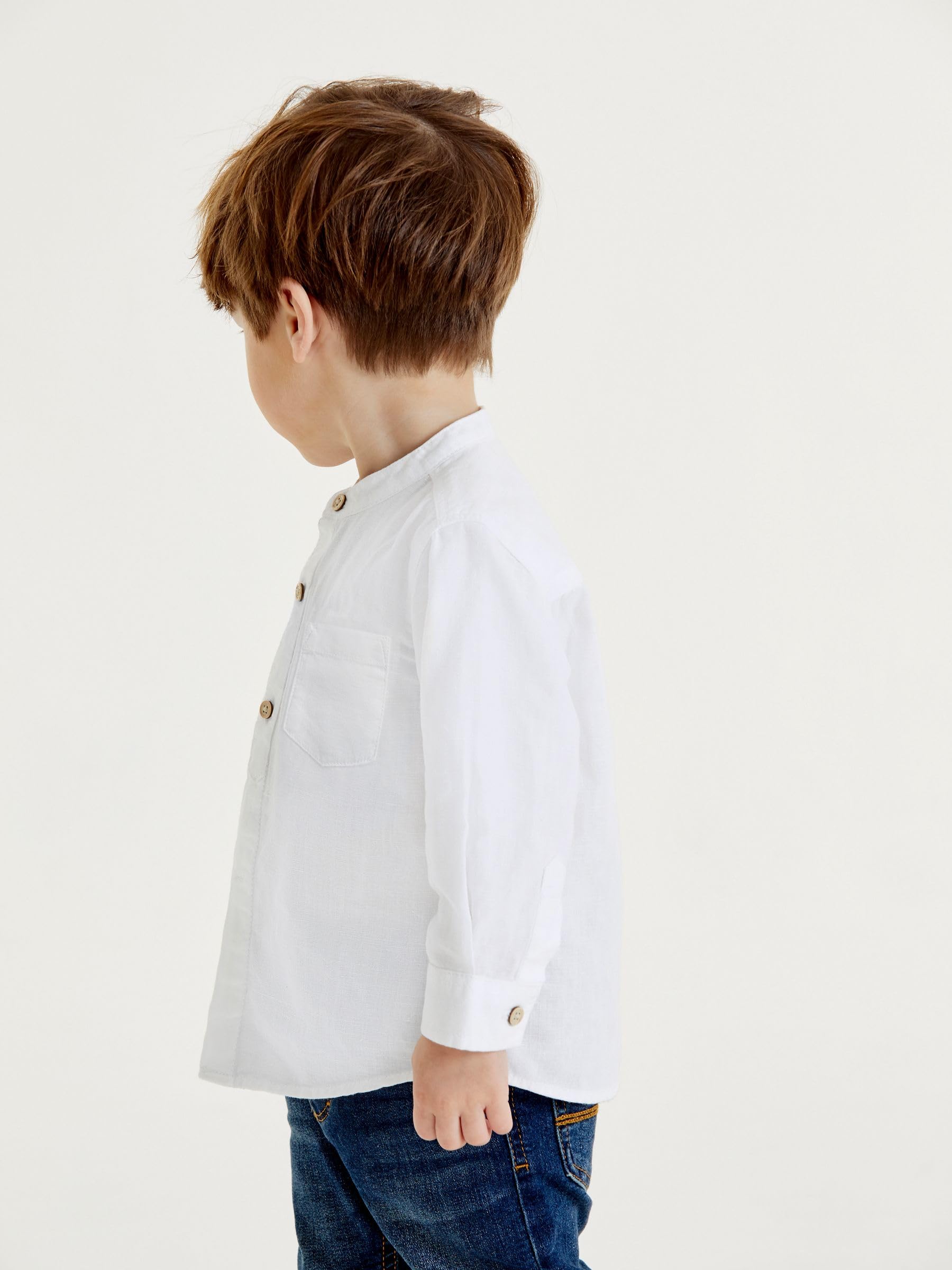 NEXT Garçon Chemise en Lin mélangé à col Tunisien Blanc 3 Ans-4 Ans