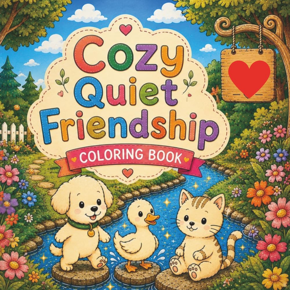 Cozy Quiet Friendship Coloring Book: Adorable Puppy, Kitty & Friends in Cozy Hygge Moments | Cute and Simple Coloring Book for Relaxation, Mindfulness and Creativity